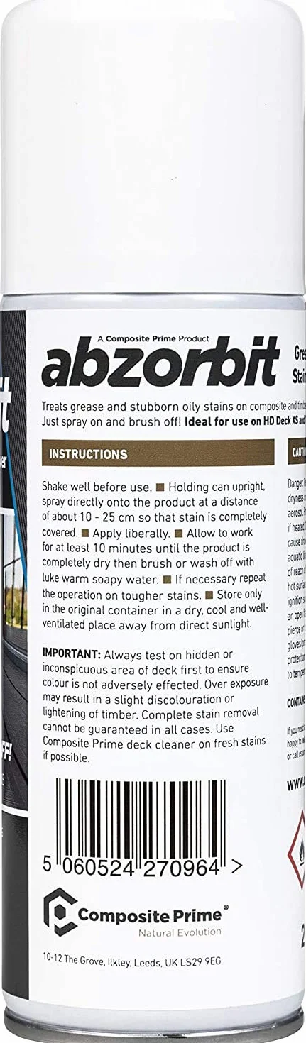 Abzorbit Composite Decking Cleaner, prawdopodobnie najlepszy środek do usuwania plam tłuszczu i oleju do drewnianych desek kompozytowych, wystarczy spryskać i szczotkować, wypróbuj. Pokochasz
