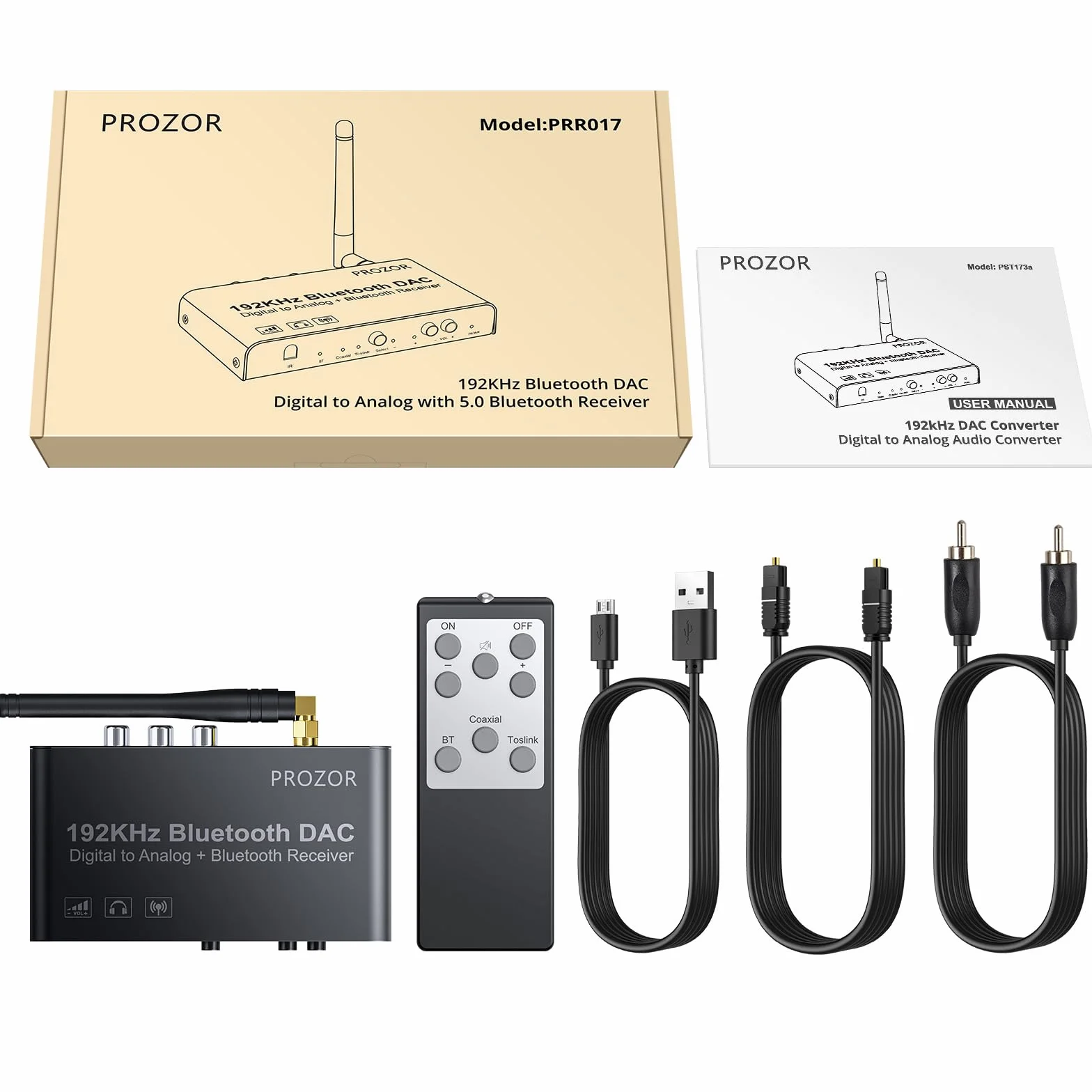 PROZOR Konwerter DAC 192 kHz Bluetooth V5.0 Toslink SPDIF optyczne RCA 3,5 mm wyjście cyfrowe na analogowy audio