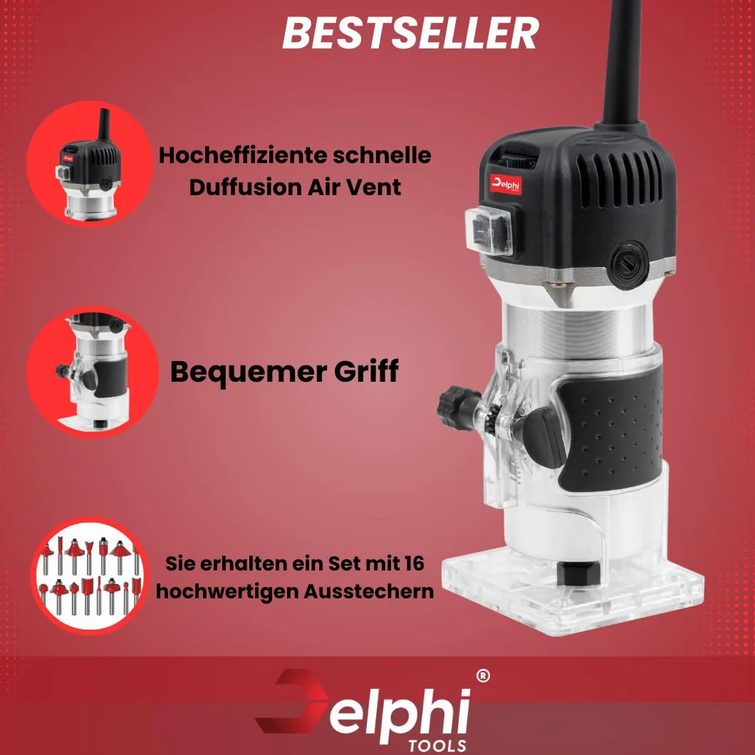 DELPHI Frezarka elektryczna ręczna do drewna z walizką – zestaw 12 akcesoriów 800 W 330000 obr./min 6,35 mm