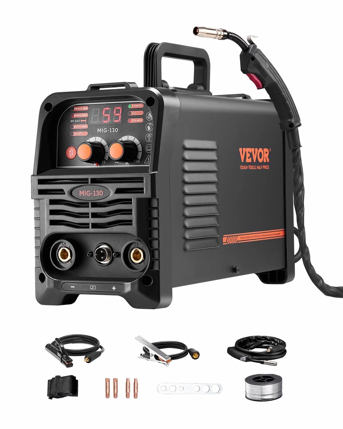 VEVOR Spawarka MIG, 130 A, synergetyczna spawarka MIG, 3 w 1, wieloprocesowa spawarka MIG/MMA/Lift-TIG, spawarka z technologią falownika IGBT i cyfrowym wyświetlaczem