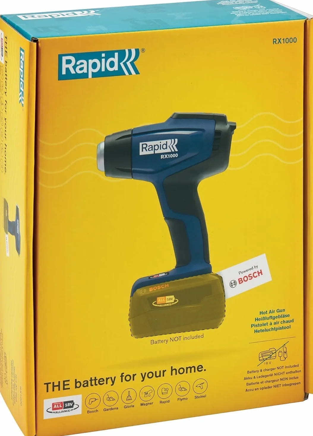 Rapid, Bezprzewodowa Opalarka Elektryczna Rapid RX1000, Akumulator 18 V, Regulacja Temperatury do 550°C, Wyświetlacz LCD, Szybkie Nagrzewanie, Bezpieczny Demontaż Dyszy, Zestaw Bez Baterii
