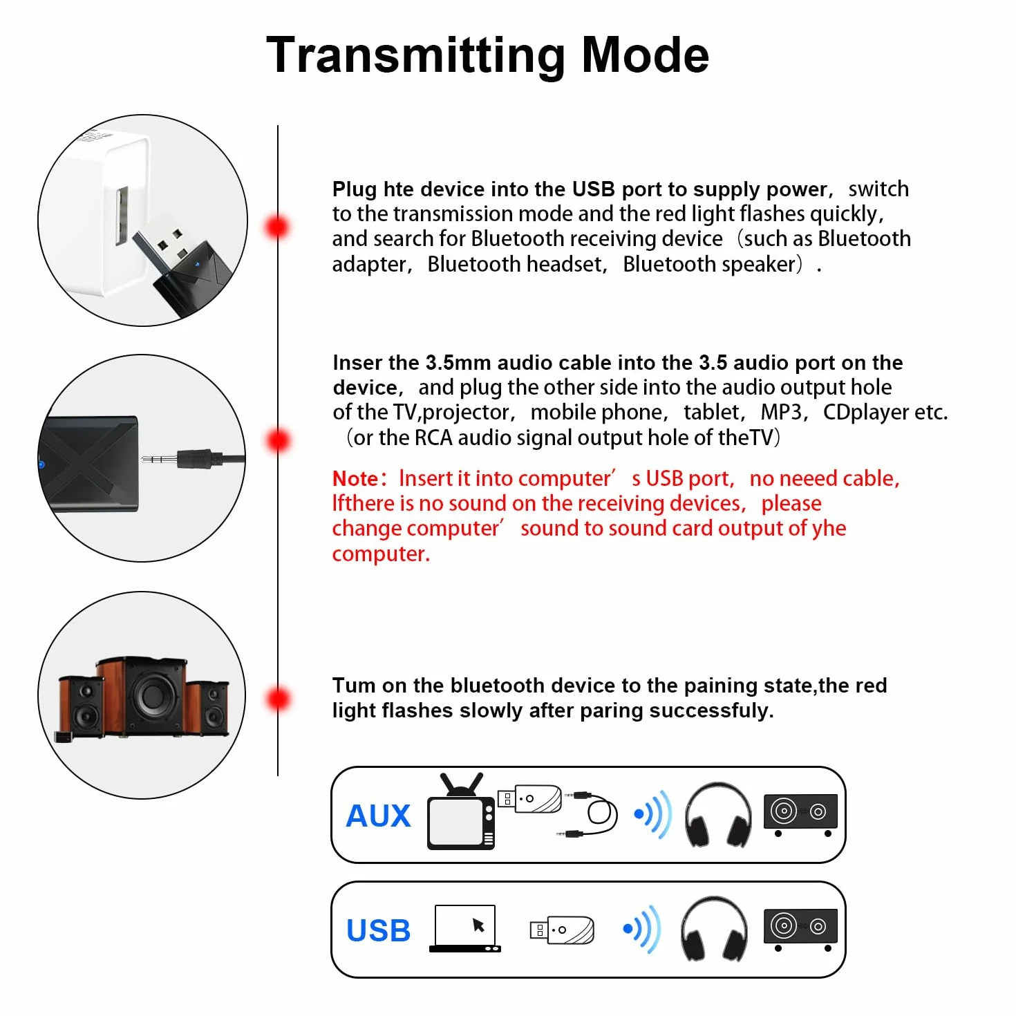 USB Odbiornik Bluetooth Nadajnik do telewizora Adapter BT5.0 z 3,5 mm AUX do PC/słuchawek/głośników/radia samochodowego/stereo