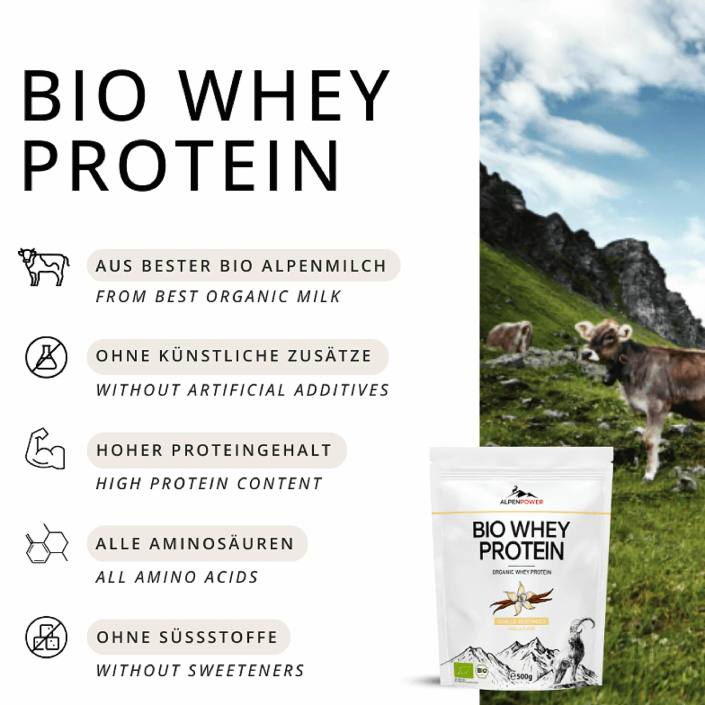 AlpenPower Bio WHEY Protein Vanilla 1 kg – 100% naturalne składniki i bez dodatków – wysokiej jakości białko CFM w proszku z najlepszego ekologicznego mleka alpejskiego