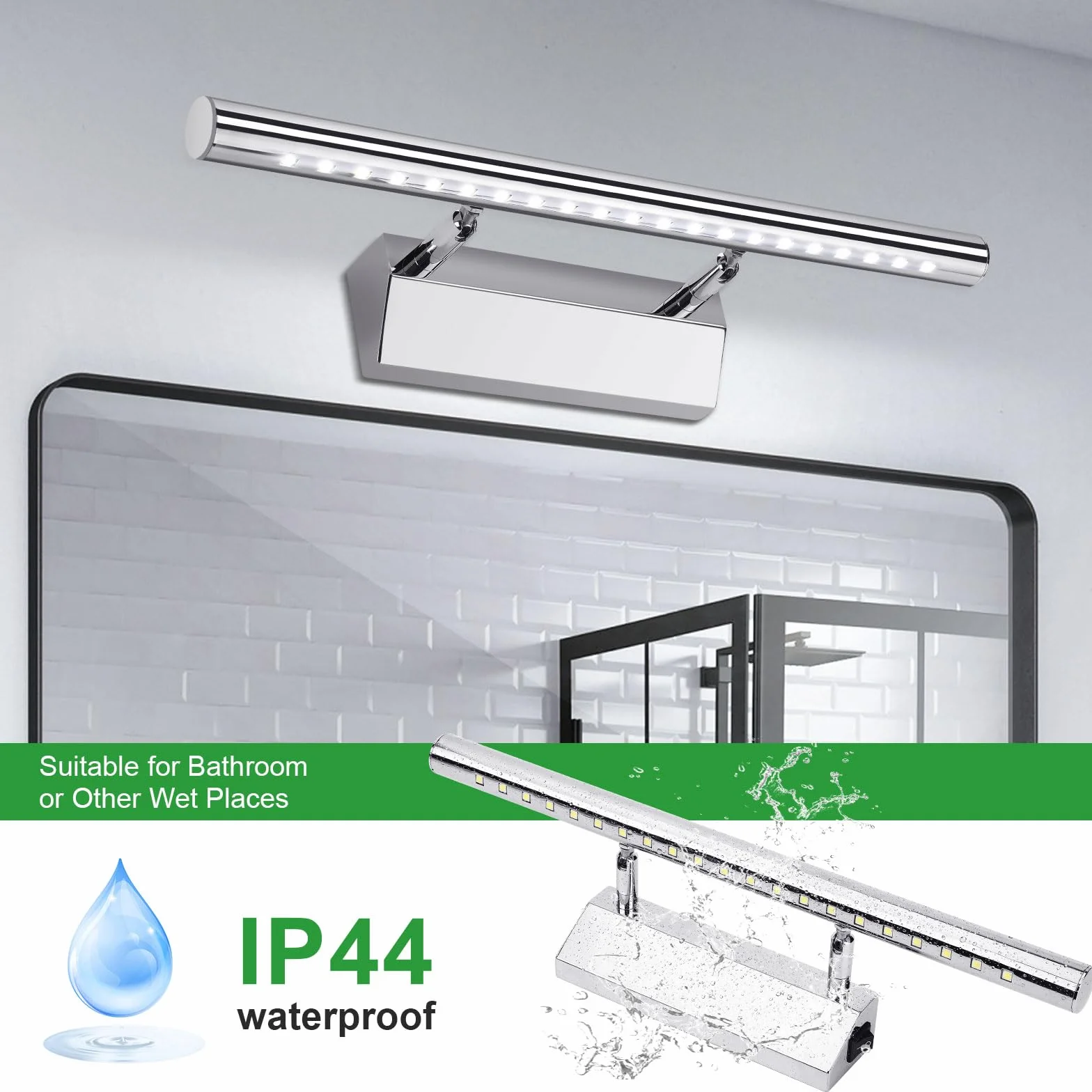 Glighone LED lampa nad lustro, 5 W, 40 cm, regulacja 180°, stal nierdzewna, zimna biel, z przełącznikiem