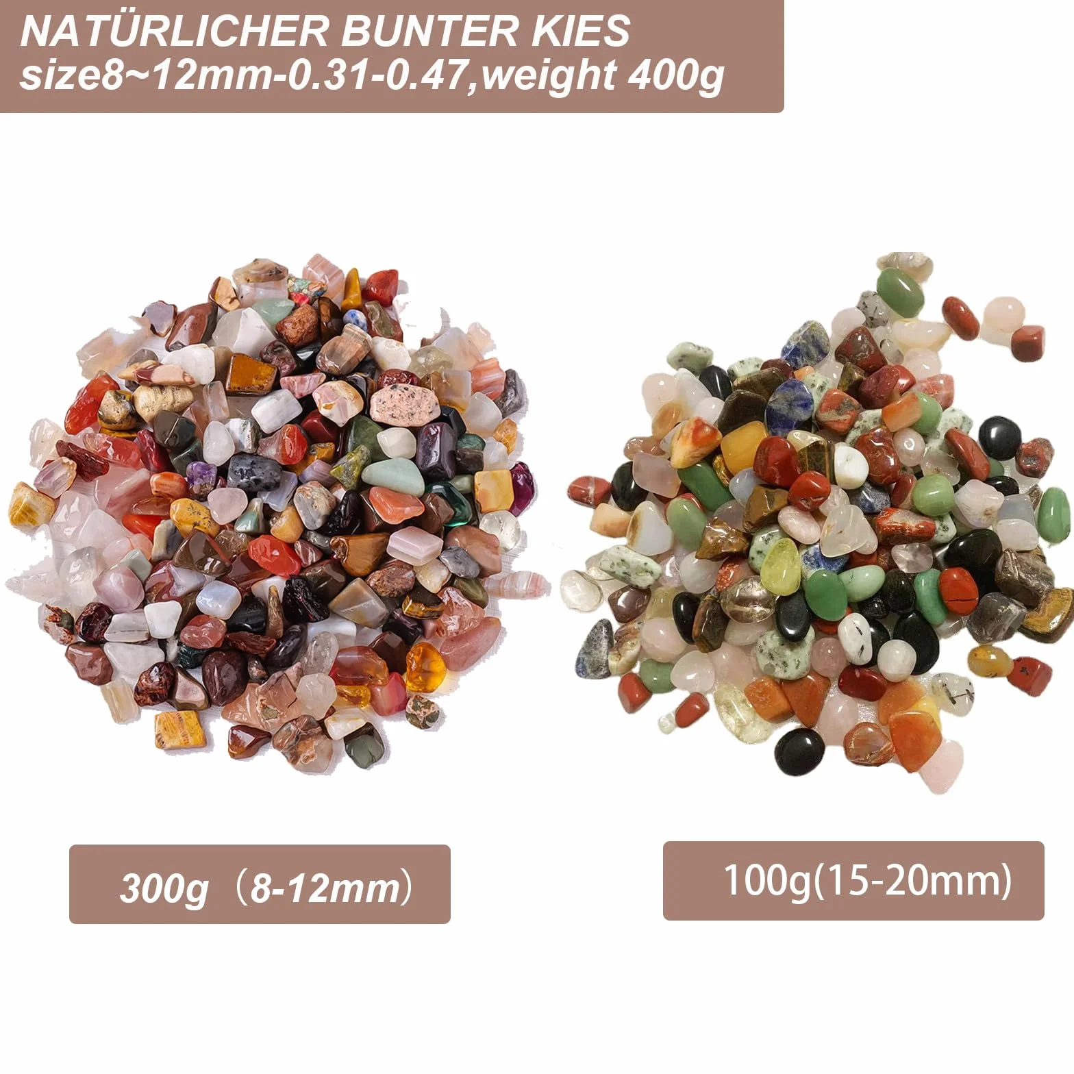 Zestaw kamieni szlachetnych, 300 g, kolorowe kamienie, 2 rozmiary, agat, kamienie półszlachetne, mieszanka naturalnych agatów, kolorowe kamienie bębnowe do poszukiwania skarbów i dekoracji