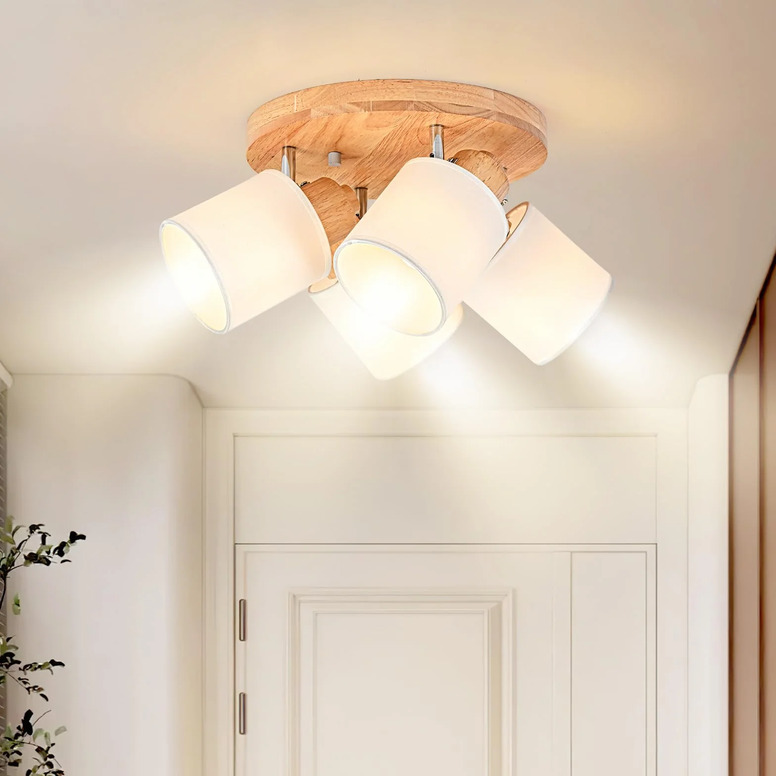 Lampa sufitowa 4 obrotowe reflektory, okrągłe drewno oświetlenie sufitowe oprawa wewnętrzna Retro E14 kinkiet do salonu, sypialni, kuchni, jadalni 230 V, bez żarówek