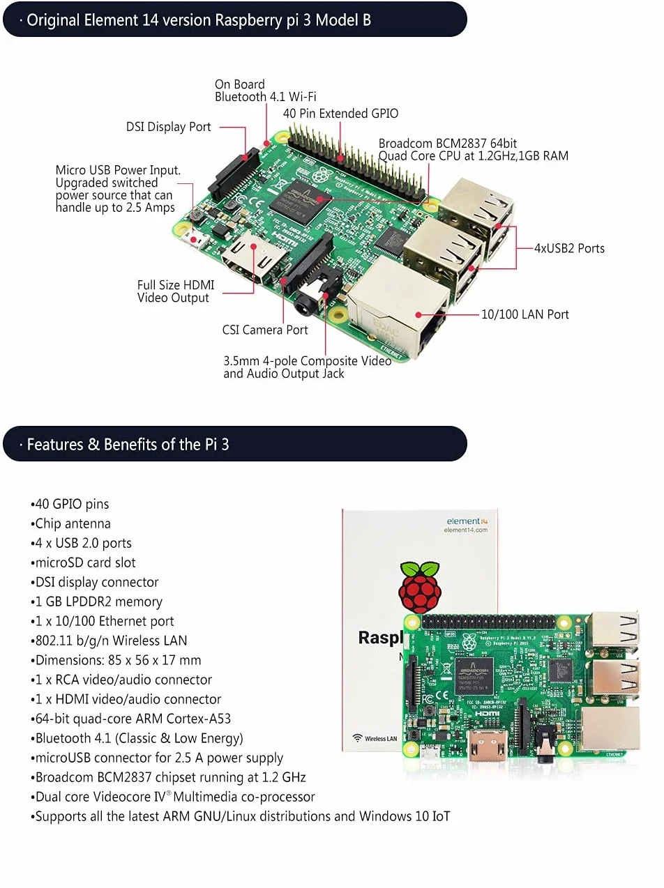 Raspberry Pi 3 Model B CPU1.2GHz/1GB/USB2.0/HDMI/Bluetooth/WiFi RASPBERRYPI3-MODB-1G