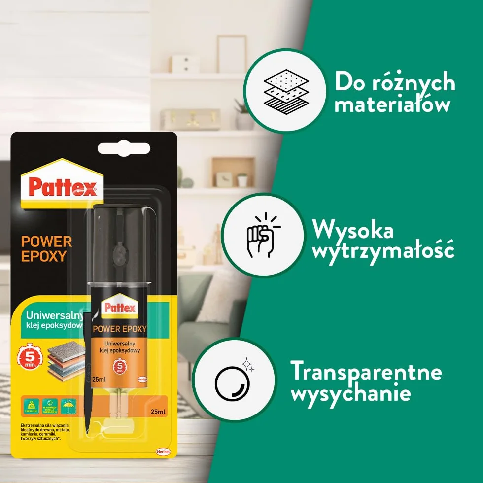 Pattex POWER EPOXY Uniwersalny klej epoksydowy 5 min łatwy w użyciu, bezbarwny, uniwersalny klej szybkowiążący, do naprawiania, klejenia i montażu, 1x25ml