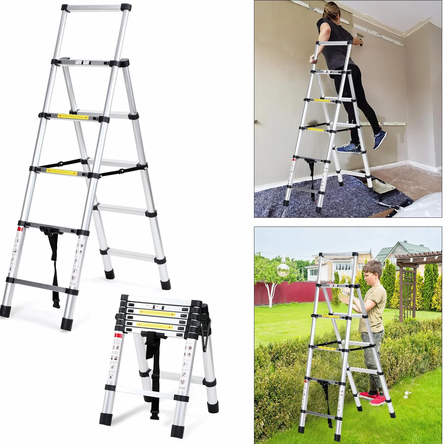 Eulenke Drabina teleskopowa 1,4 m + 1,7 m, aluminiowa drabina schodowa, 4 + 5 stopni, przenośna, antypoślizgowa, obciążenie 150 kg, drabina aluminiowa, do użytku wewnątrz i na zewnątrz, drabina