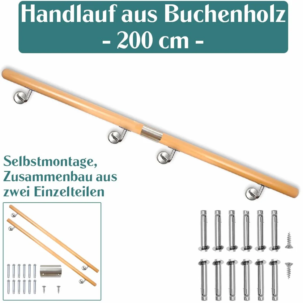 Poręcz schodowa z drewna bukowego, mocowana do ściany przy schodach, 80-230 cm, długość: 200 cm