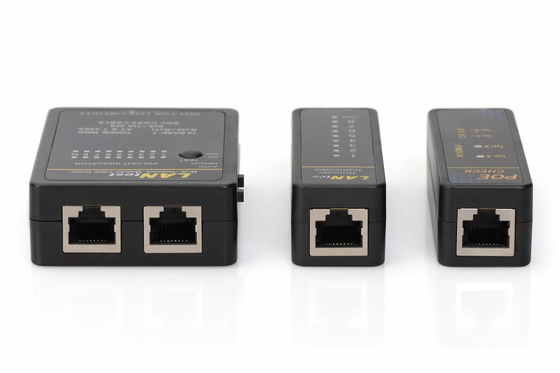 DIGITUS Tester sieciowy i tester kabli – Tester PoE – Automatyczne skanowanie – RJ45 RJ11 ISDN BNC – kabel sieciowy Coax LAN