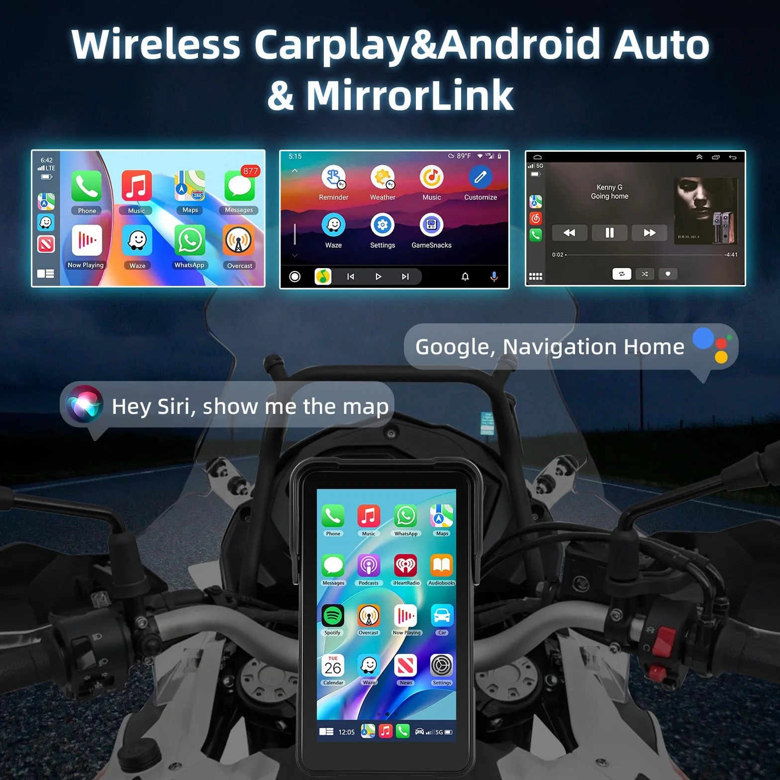 Motocyklowy ekran Carplay z nawigacją, przenośny ekran dotykowy 5" IP68, z bezprzewodowym systemem CarPlay i systemem Android, Bluetooth, EQ, kalibracją dotykowym
