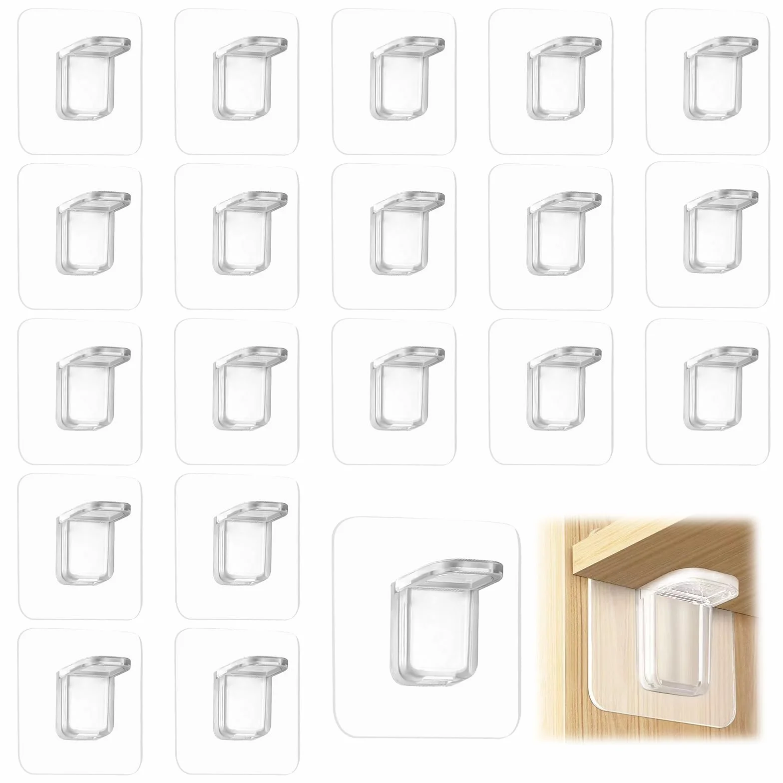 20 sztuk samoprzylepnych uchwytów do półek, przezroczyste wsporniki do półek, samoprzylepne bez wiercenia, 7x7 cm, uchwyty do demontażu na półki szafy, uchwyty z tworzywa sztucznego do szafek ubrań
