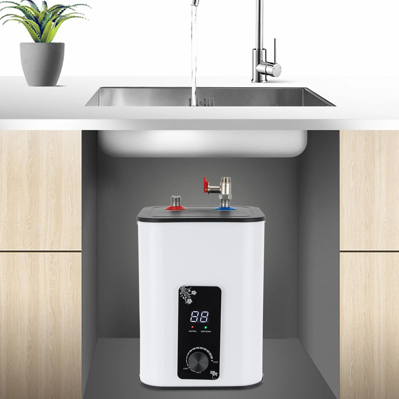 MINRS zbiornik na ciepłą wodę 8L podblatowy bojler 1500W mały odporny na ciśnienie zbiornik na ciepłą wodę z funkcją termostopu podblatowy bojler 0-65℃ Regulowana temperatura Regulowana do kuchni