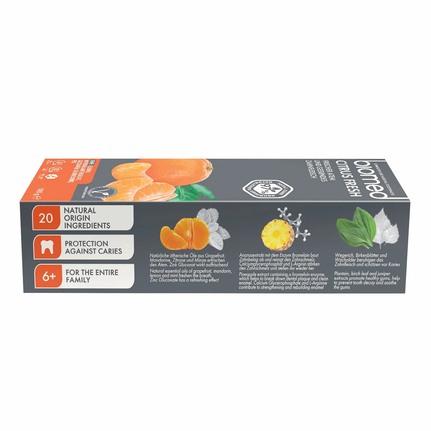 Biomed Citrus Fresh 97% Naturalna pasta do zębów/pomarańczowy, świeży oddech | zdrowe dziąsła/mandarynka grejpfrut cytryna olejki eteryczne, aromat owocowy, Wegetariański, SLES Free 100g