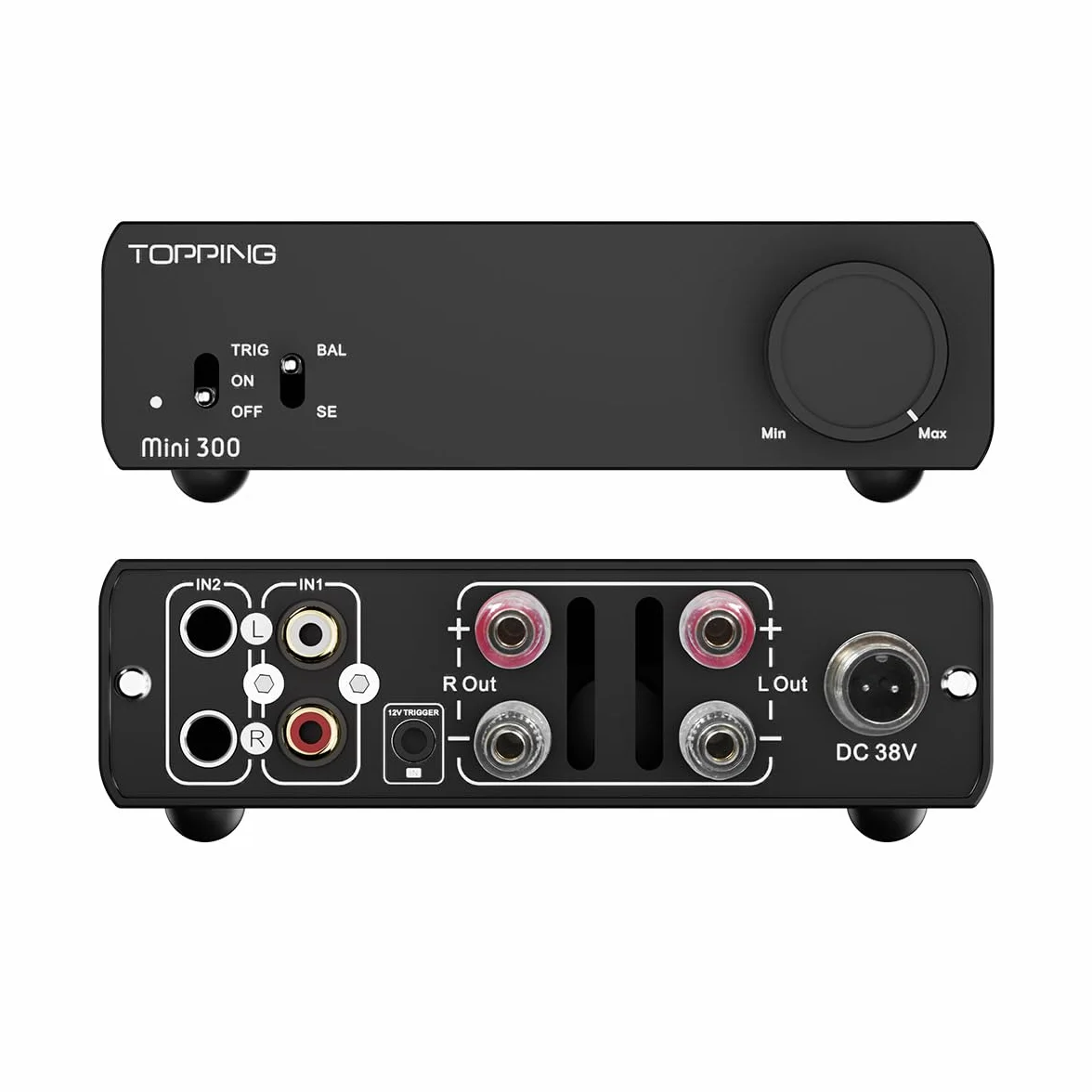 Topping Mini 300 kompaktowy wzmacniacz mocy na biurko, 140 W x 2 wejścia TRS/RCA, w pełni symetryczny wzmacniacz (czarny)
