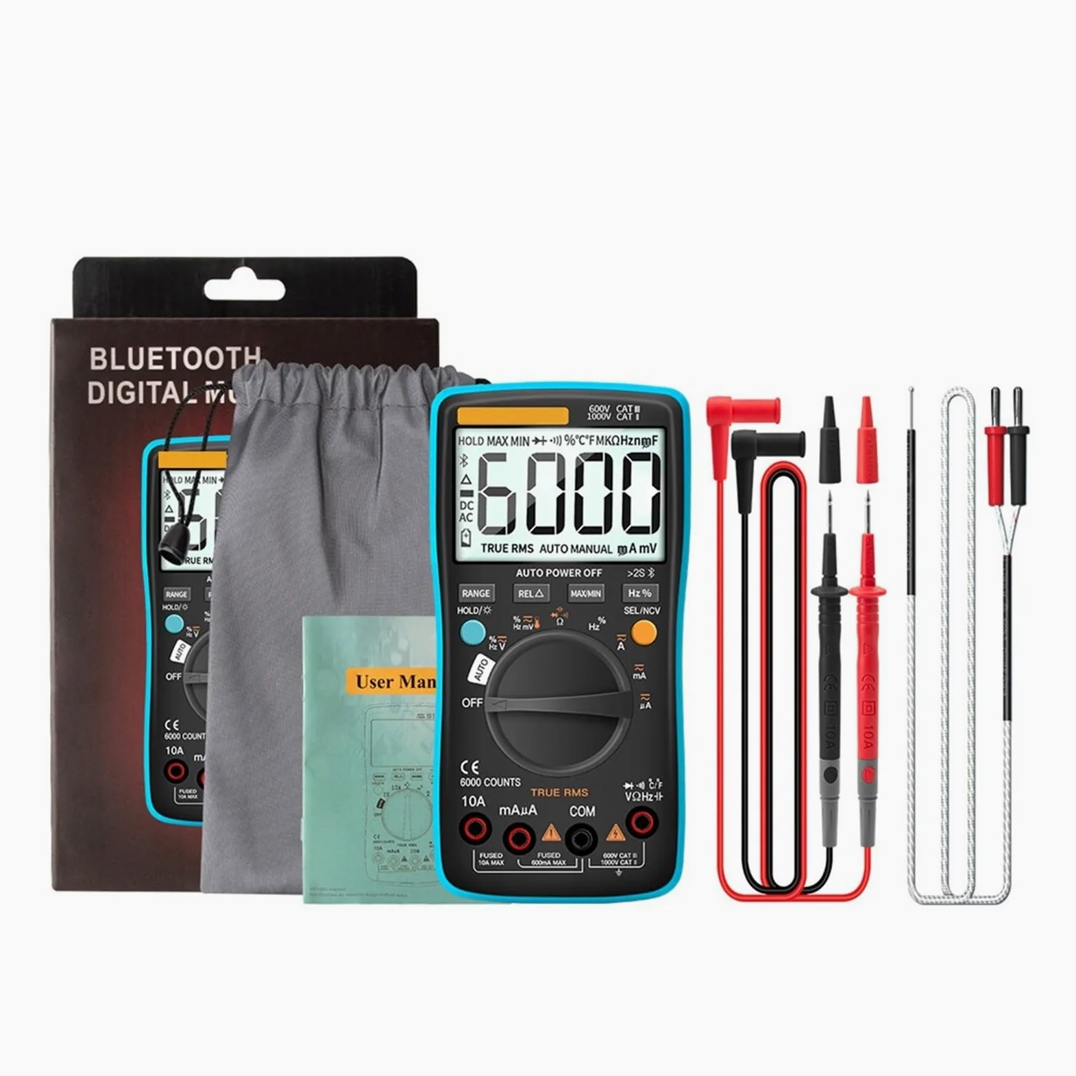 Multimetr Cyfrowy Bluetooth 6000 Liczy Profesjonalny MultimetroTrue Tester Napięcia Prądu AC/DC Auto-Range Bezpieczny, Praktyczny, DokłAdny(Blue)