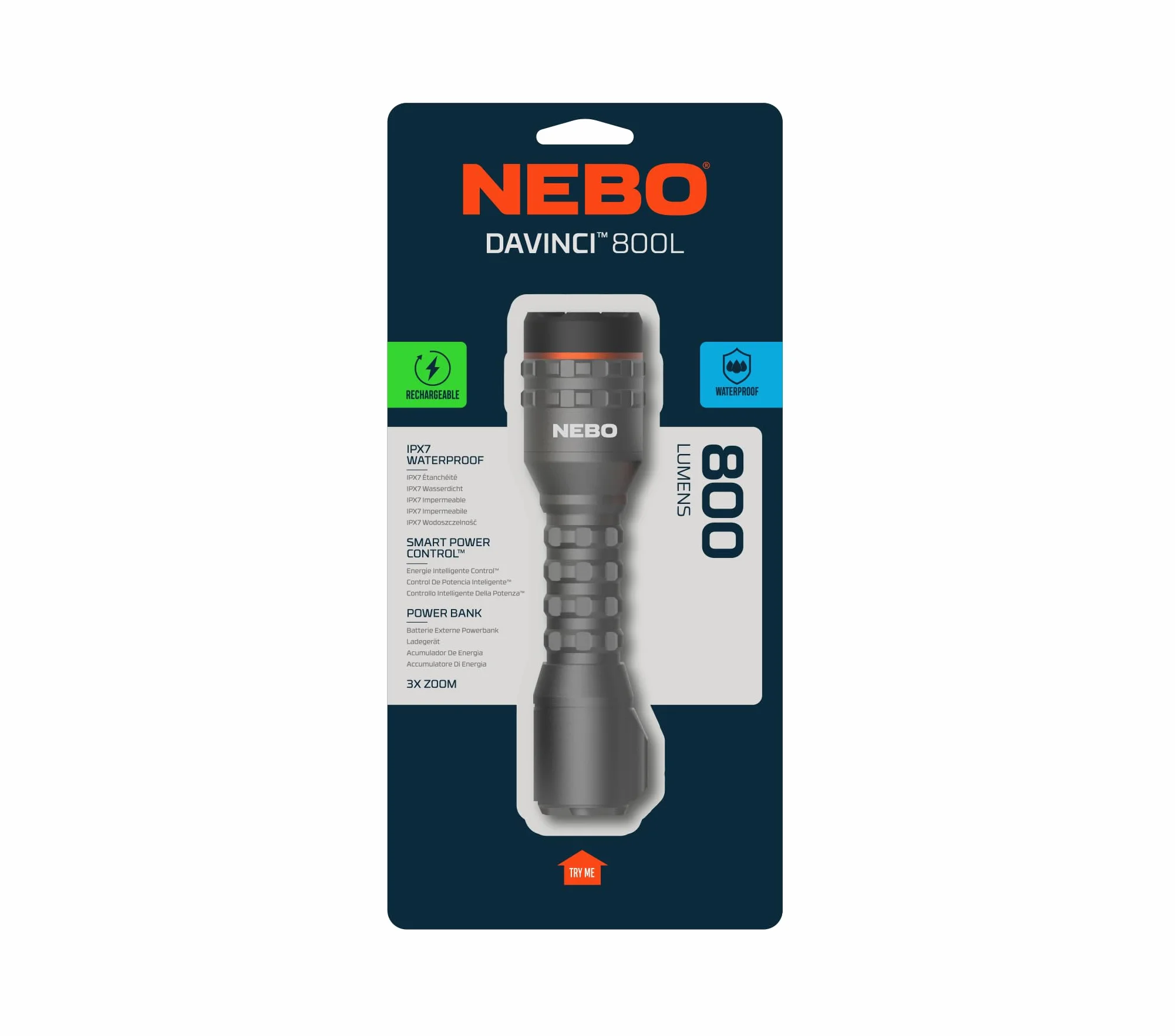 NEBO Davinci 800L - ładowalna latarka LED o mocy 800 lumenów z funkcją Power Bank, wodoodpornością IP67 i regulowanym zoomem