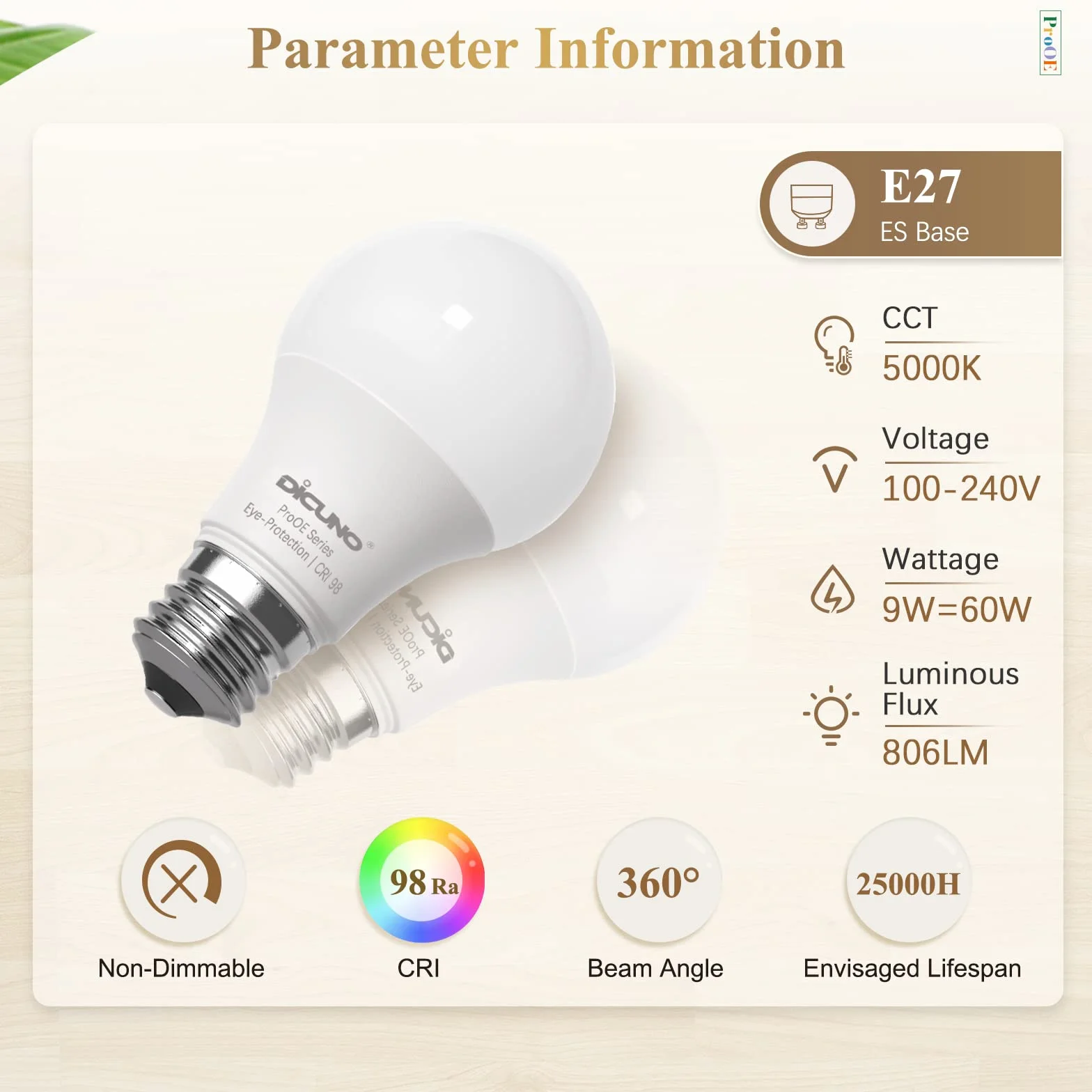 DiCUNO ProOE żarówka LED A60 9 W, oprawka E27, zimna biel, 5000 K, odpowiednik 60 W, 806 lumenów, IRC98, oszczędność energii, nieściemnialna, 100-240 V, zestaw 6 sztuk