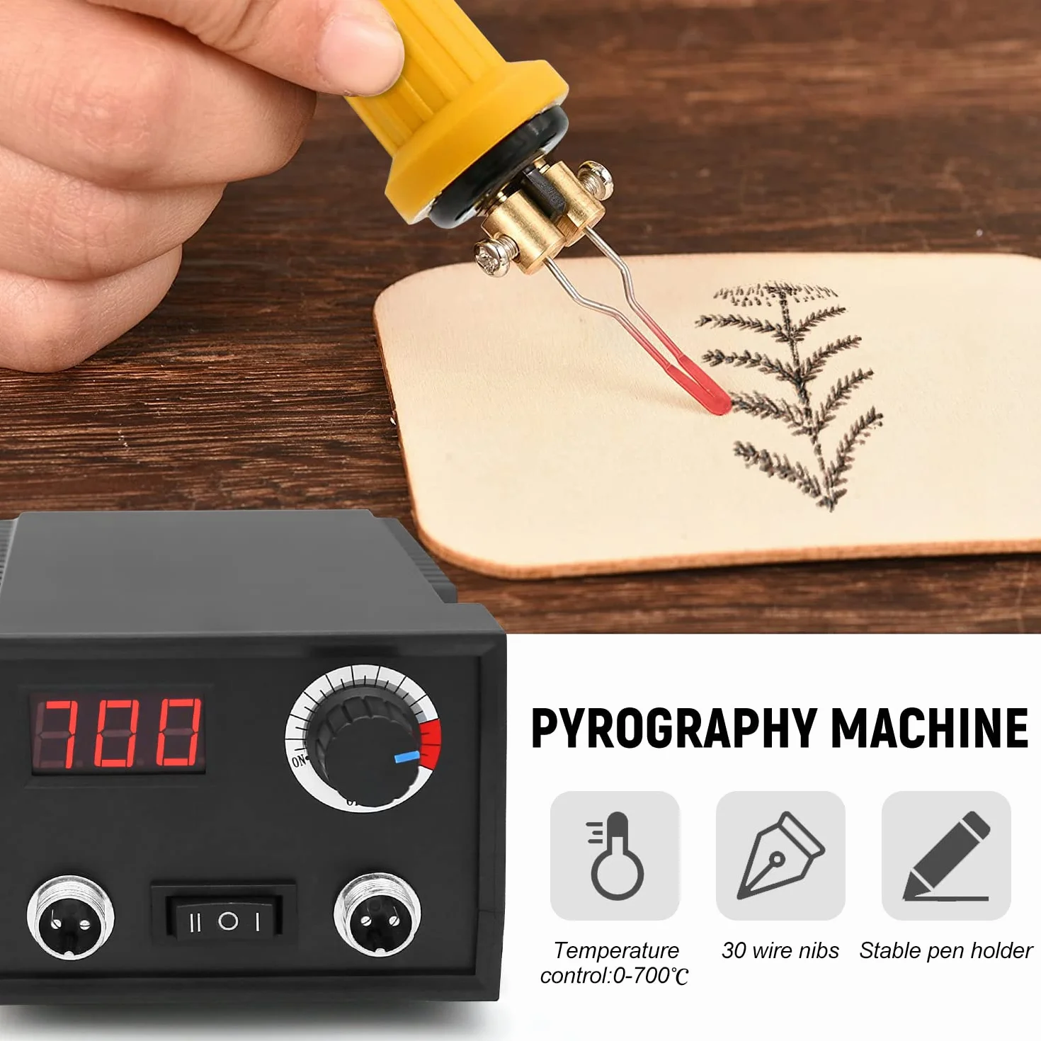 Maszyna do pirografii z 2 bolcami, Luriseminger 60 W, do spalania drewna z 30 końcówkami drutu pirograficznego, regulowana temperatura 0-700°C, lutownica do drewna, skóry, bambusa