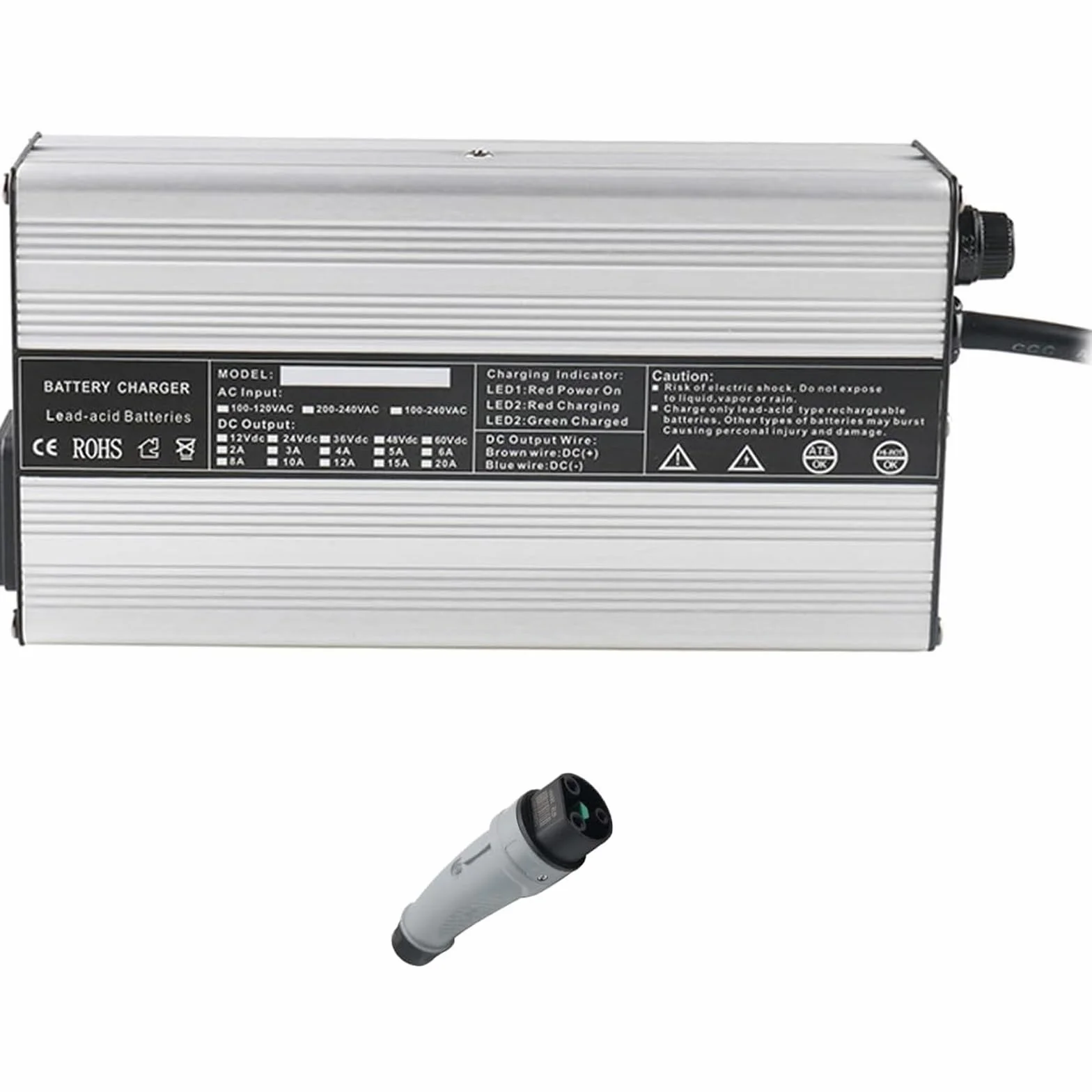 Ładowarki do akumulatorów kwasowo-ołowiowych: 12V 10A/24V 7A/36V 5A/48V 4A/60V 3A/72V 2,5A. Ładowarka do wózków widłowych 240W ze złączem wyświetlacza LCD do ładowania akumulatorów PLO