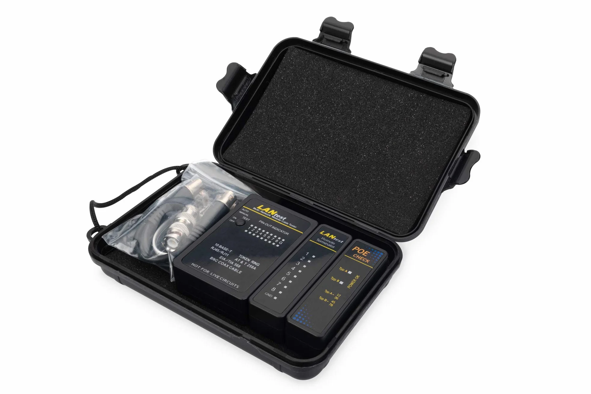 DIGITUS Tester sieciowy i tester kabli – Tester PoE – Automatyczne skanowanie – RJ45 RJ11 ISDN BNC – kabel sieciowy Coax LAN