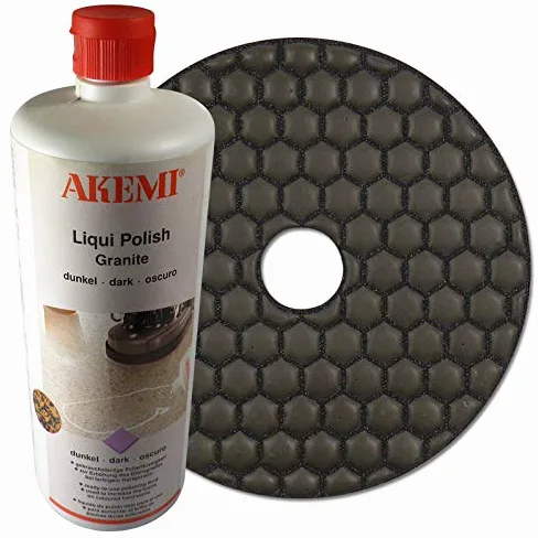 AKEMI zestaw kombi: AKEMI Liquid Polish płyn do polerowania ciemny do granitu, 1000 ml + diamentowy pad ścierny 125 mm, polerka do ziarnistości, do szlifowania na sucho