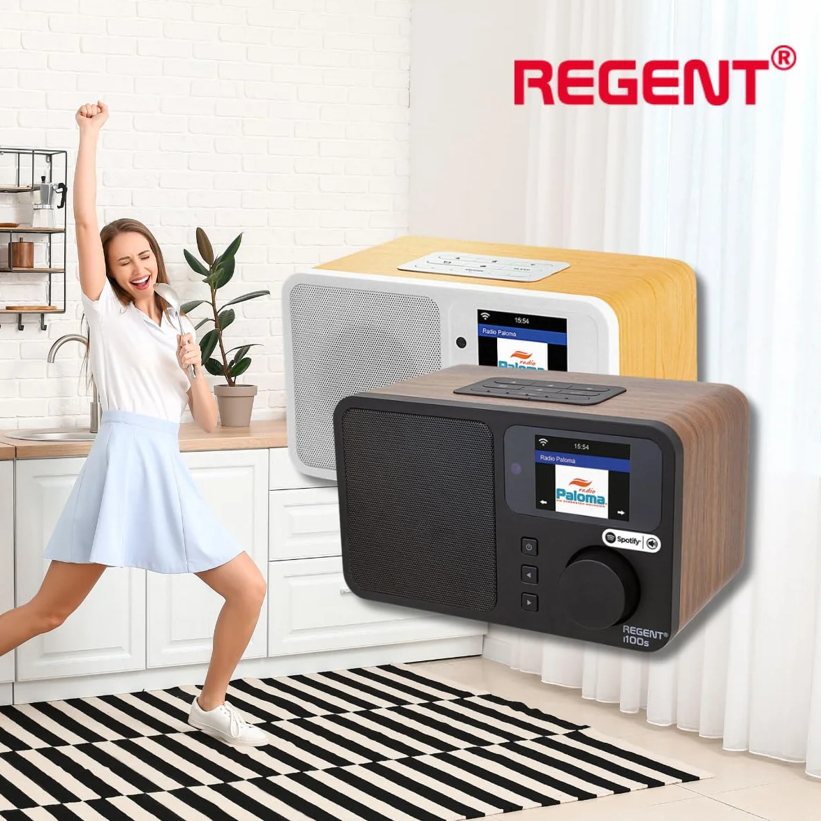 REGENT i100s radio internetowe ze SPOTIFY Connect WI-FI wifi Radio cyfrowe radio kuchenne Bluetooth głośnik alarm budzik Minutnik drzemki LCD Color display (White)