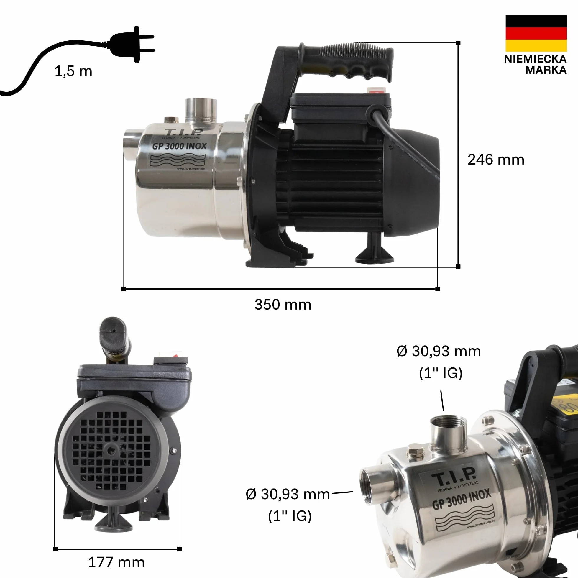 T.I.P. Pompa ogrodowa ze stali nierdzewnej GP 3000 INOX - Wydajna pompa 550 W, 2950 l/h z termicznym zabezpieczeniem przed przeciążeniem, 30111