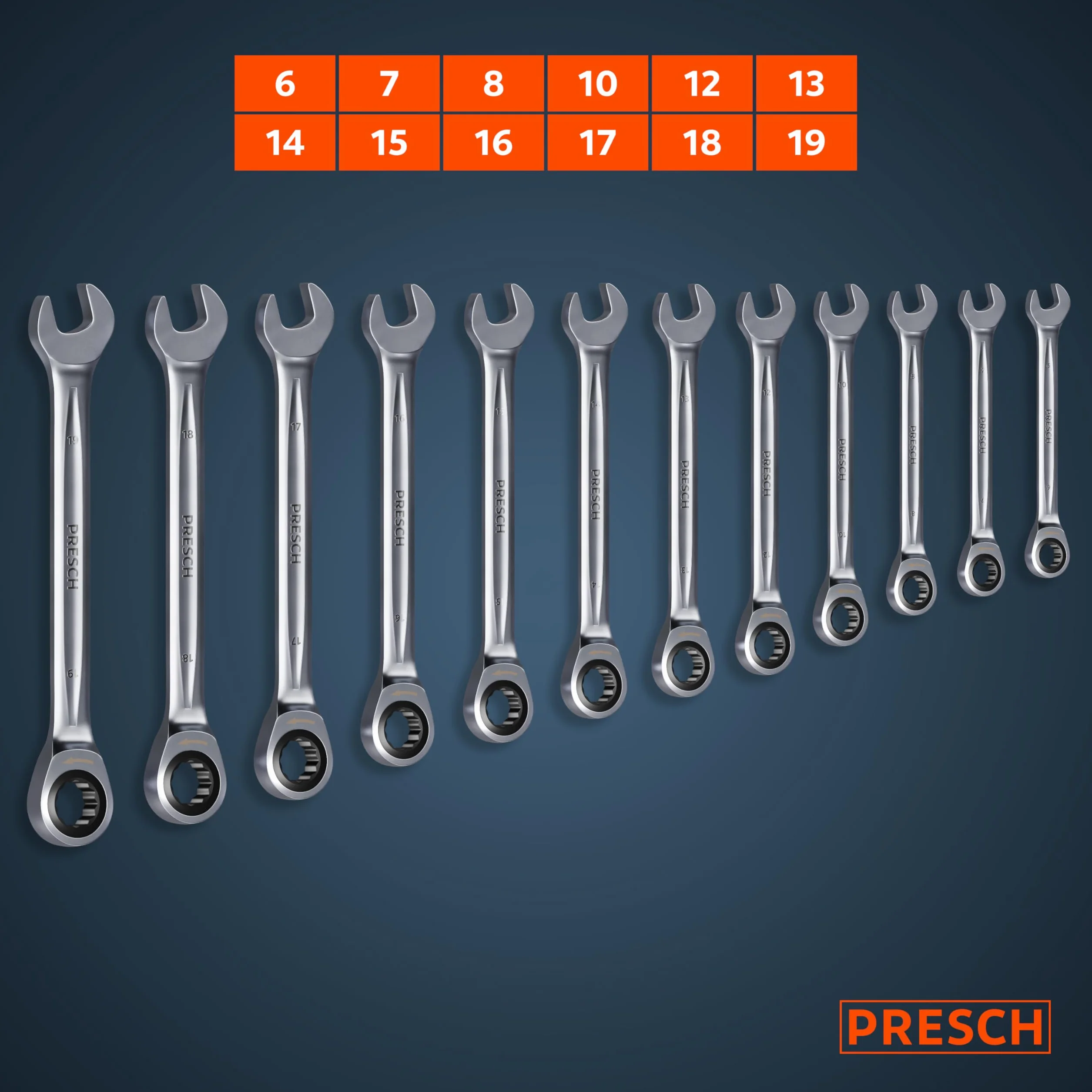 Presch Zestaw kluczy grzechotkowych przełączany 12 szt. (6-19mm) z torbą - Minimalny kąt powrotu (do 4°, 90 zębów) - Precyzyjnie wykonane, trwałe klucze oczkowe