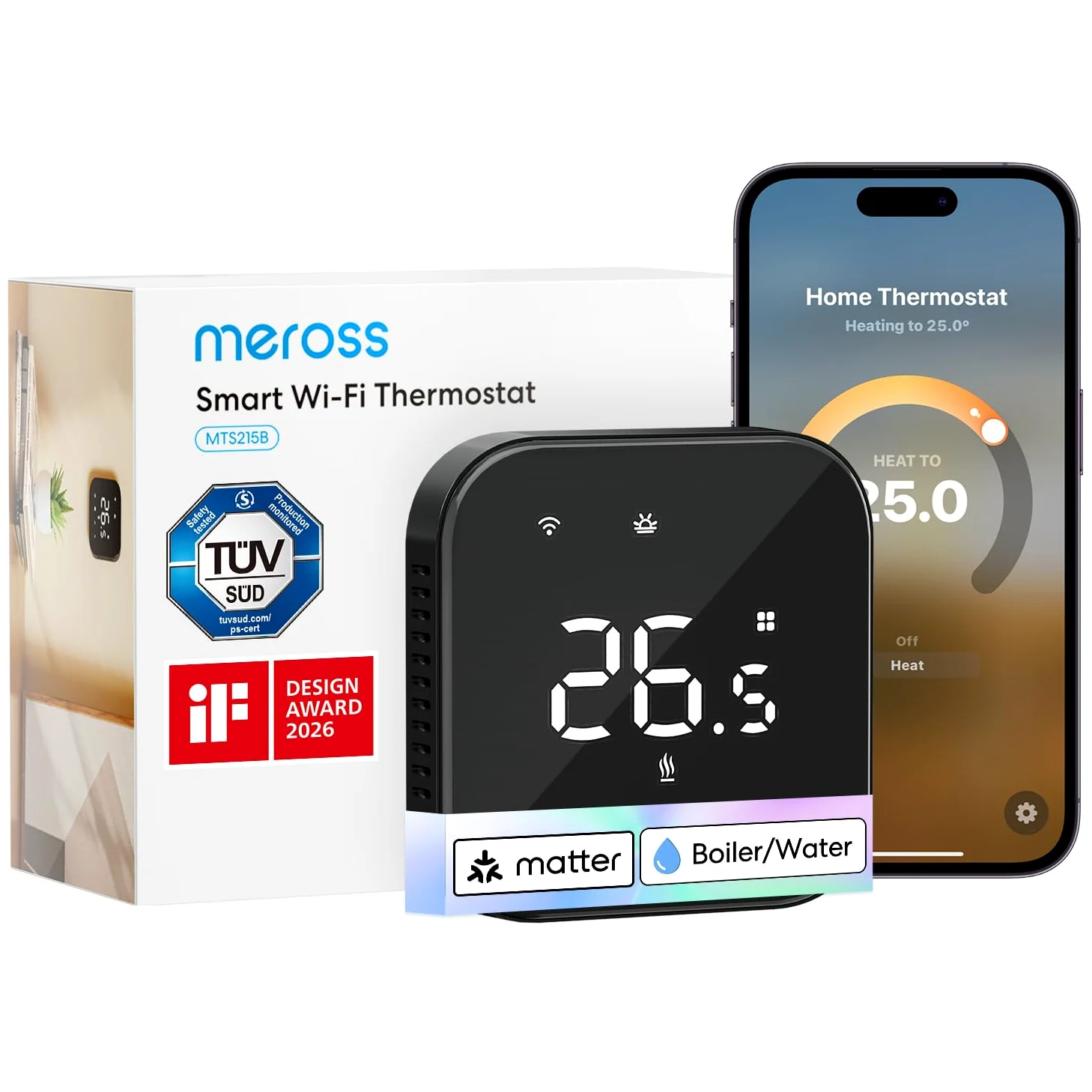 Meross Inteligentny termostat, matowy, cyfrowy termostat pokojowy, Wi-Fi, do ogrzewania podłogowego i bojlera, inteligentny termostat ścienny z Siri, Alexa i Google, czarny