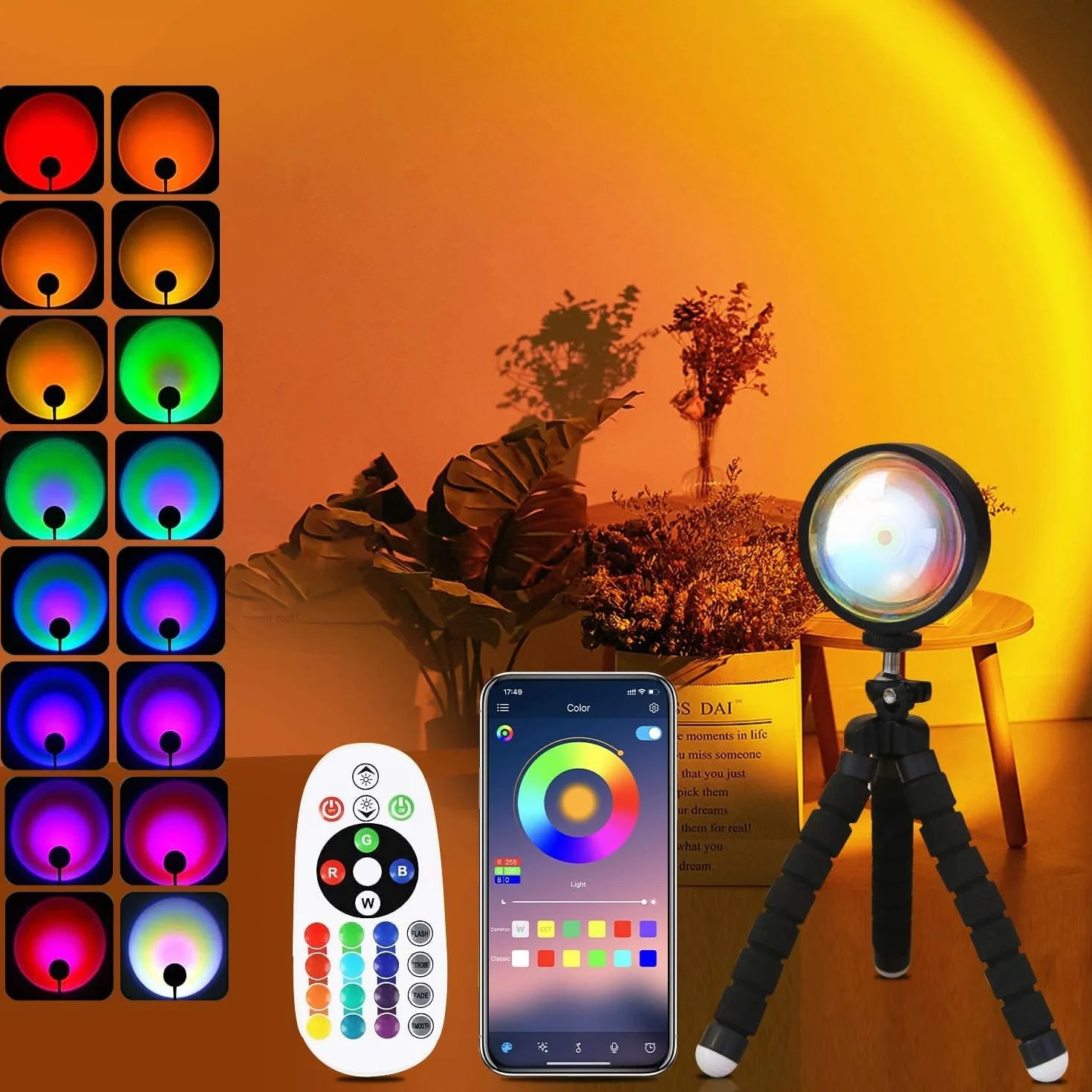 QUIGO Lampa projekcyjna Sunset LED do sypialni, lampka nocna, lampa nastrojowa, lampa słoneczna, wschodu i zachodu słońca, 10W, oświetlenie tęczy, dekoracja pokojowa, prezent świąteczny dla kobiet