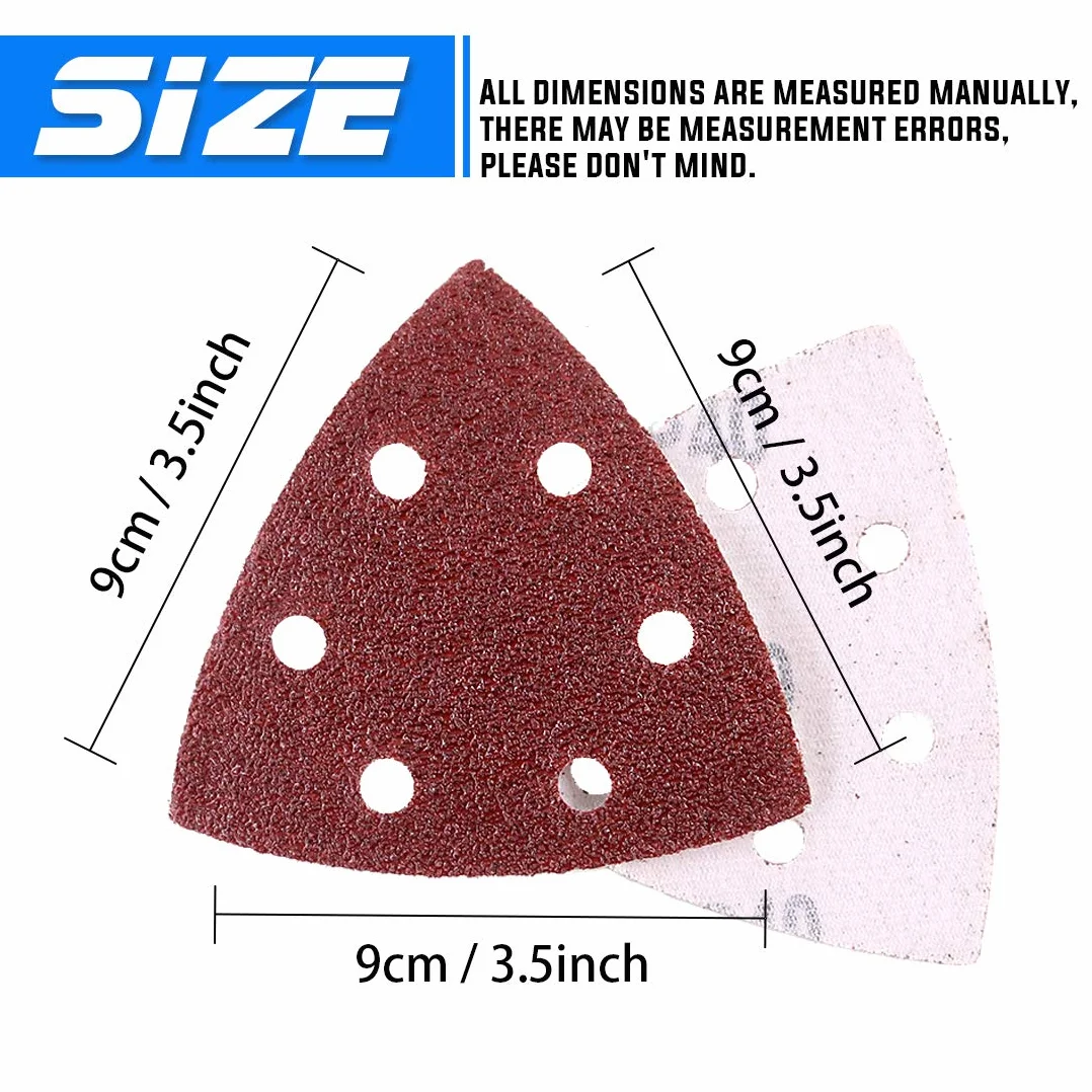 Glarks 50 sztuk 90 mm / 3,5 cala trójkątna mysz szczegółowa szlifierka papier ścierny hak i pętla różne 40/60/80/120/180/240/400/600/800/1000 ziarnistość do losowej szlifierki oscylnej (6 otworów)
