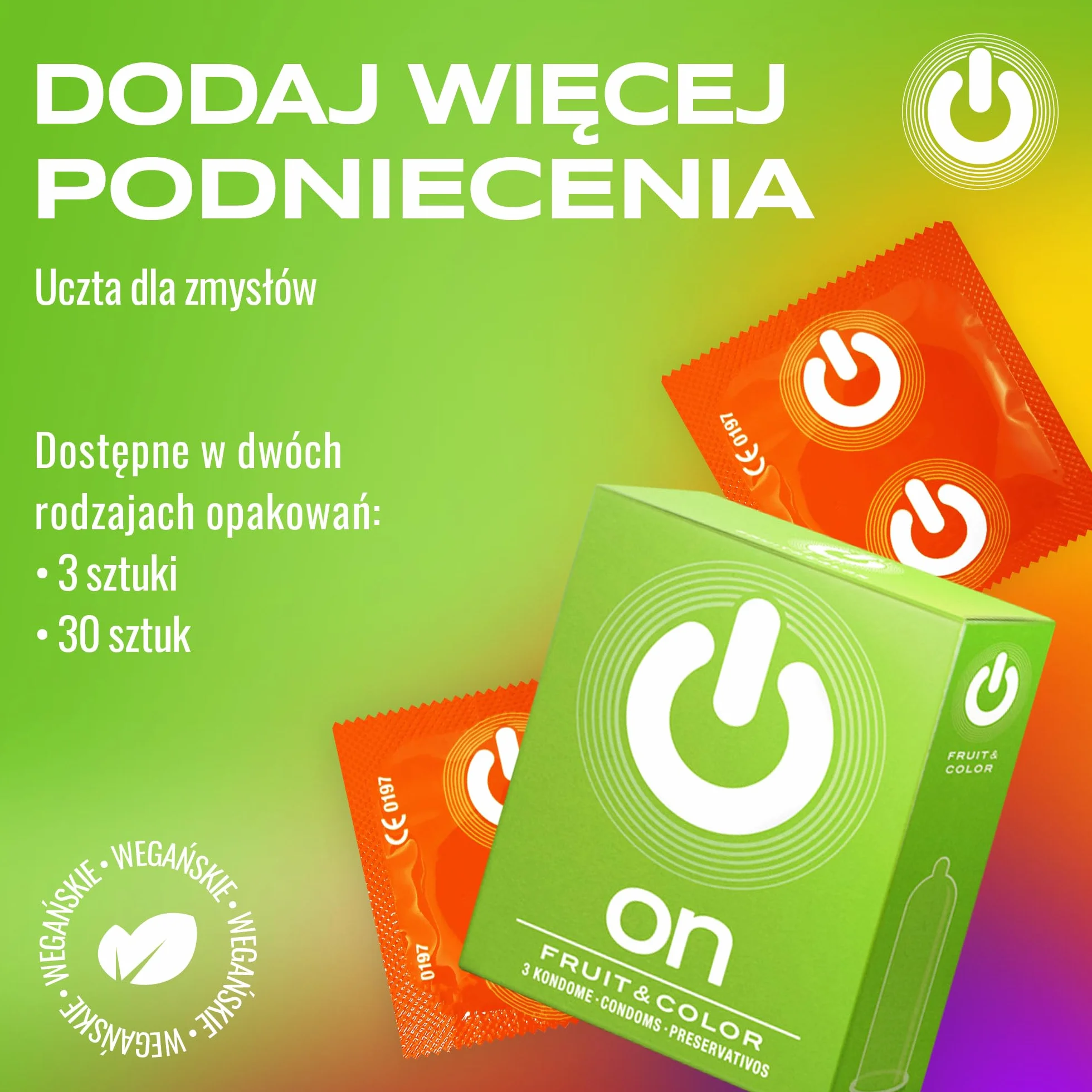 ON) Mix prezerwatyw I 3 sztuki w opakowaniu I Fruit & Colour I Premium 3 różne rodzaje I z silikonowym żelkiem I cienkie 0,07 mm grubości ścianki I wegańskie