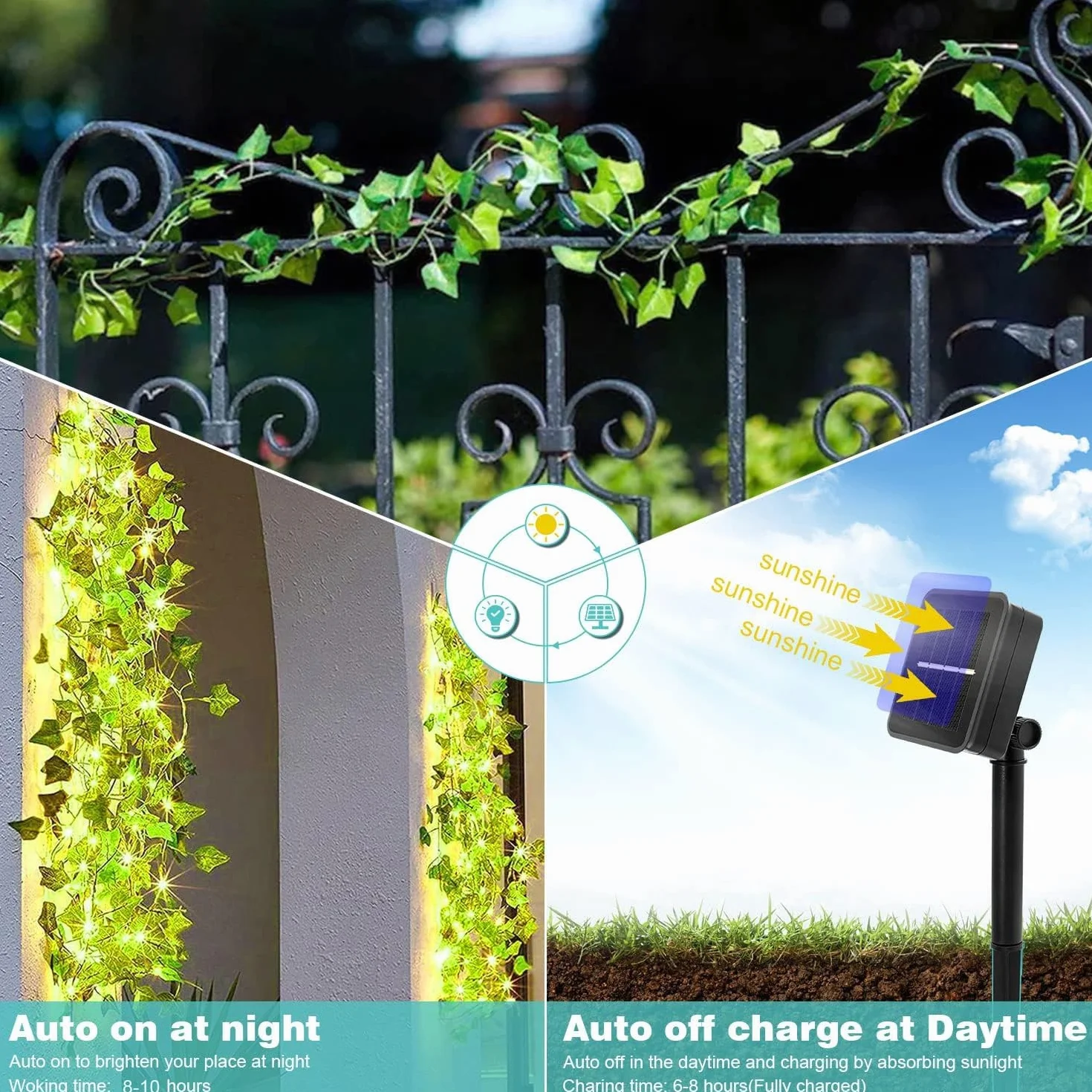 Bigzom Solarny łańcuch świetlny do użytku na zewnątrz, 120 diod LED, bluszcz, 12 m, łańcuch świetlny na zewnątrz, 8 trybów pracy, do ogrodu, na balkon, taras, ogrodzenie, dekoracja (ciepła biel)