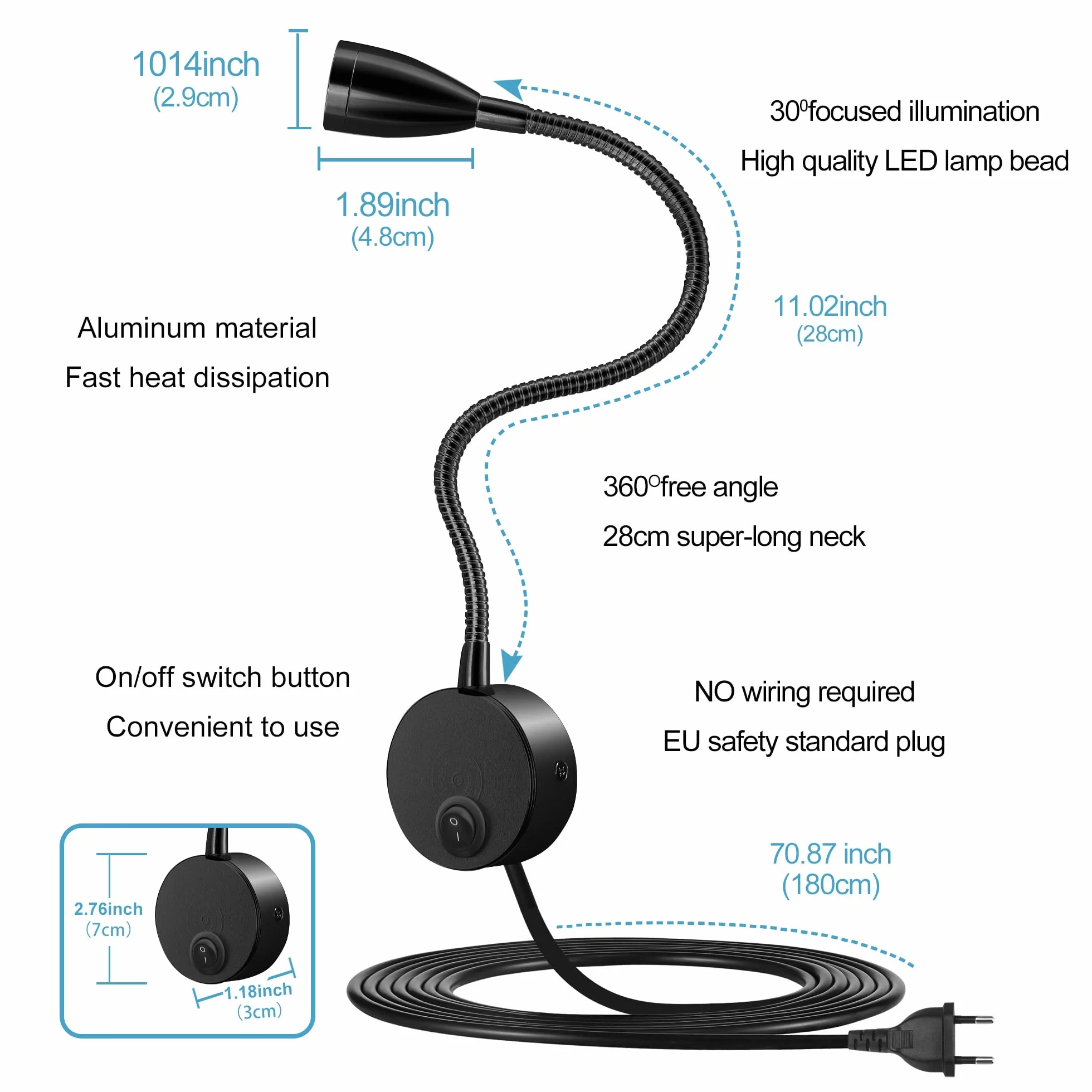 Lampka do czytania LED,Lampka nocna naścienna na biurko z Przełącznik dotykowy Ciepłe oświetlenie,200lm / 3000k / 3w / 110-240v Ac, kąt wiązki: 30°, Długość gęsiej szyi:28cm (czarny)