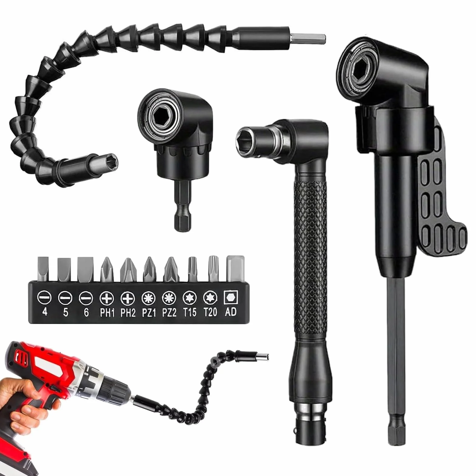 Adapter do wkrętarki kątowej 105°, 14 sztuk, zestaw nasadek kątowych do wkrętarki akumulatorowej z sześciokątnym trzonkiem 1/4", elastyczny uchwyt do bitów, nasadka do wiercenia kątowego dla