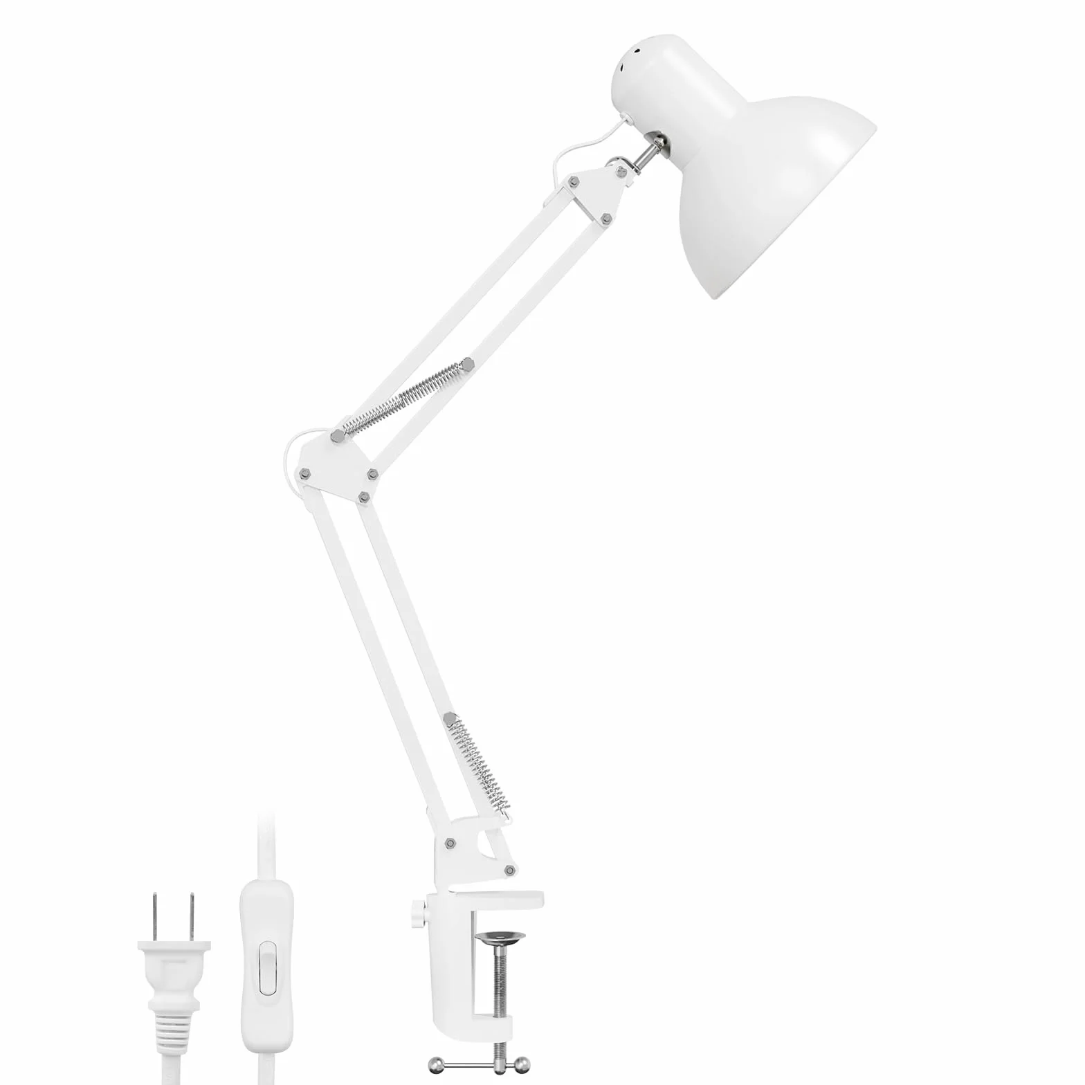 Lepro Lampa biurkowa, zacisk biurkowy z żarówką E27, metalowa lampa stołowa z przełącznikiem przewodowym do biura, salonu i warsztatu, bez żarówek, biała