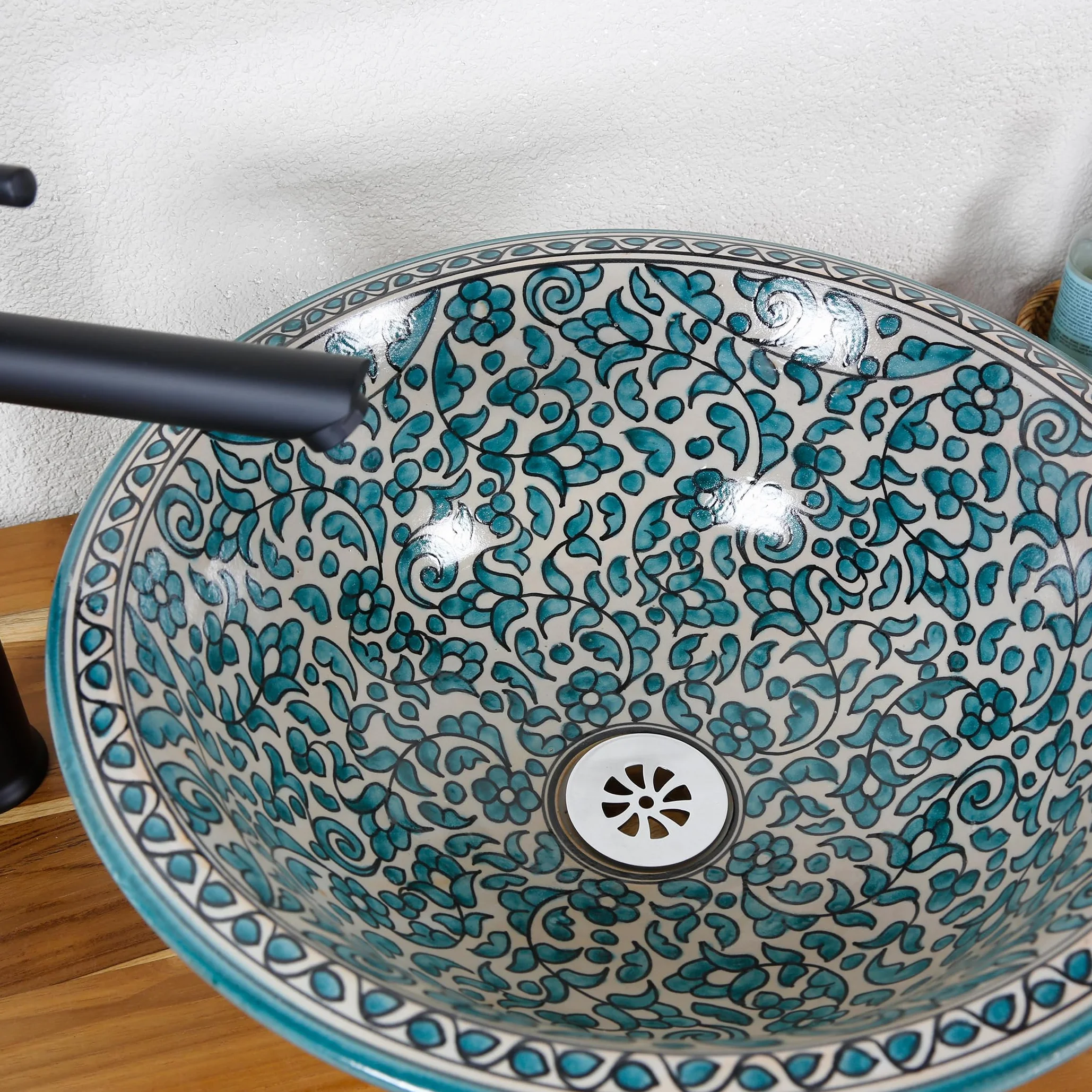 Casa Moro Ceramiczna umywalka bez otworu na kran, turkusowa, umywalka nablatowa do łazienki i toalety dla gości, okrągła umywalka bez przelewu/umywalka nablatowa
