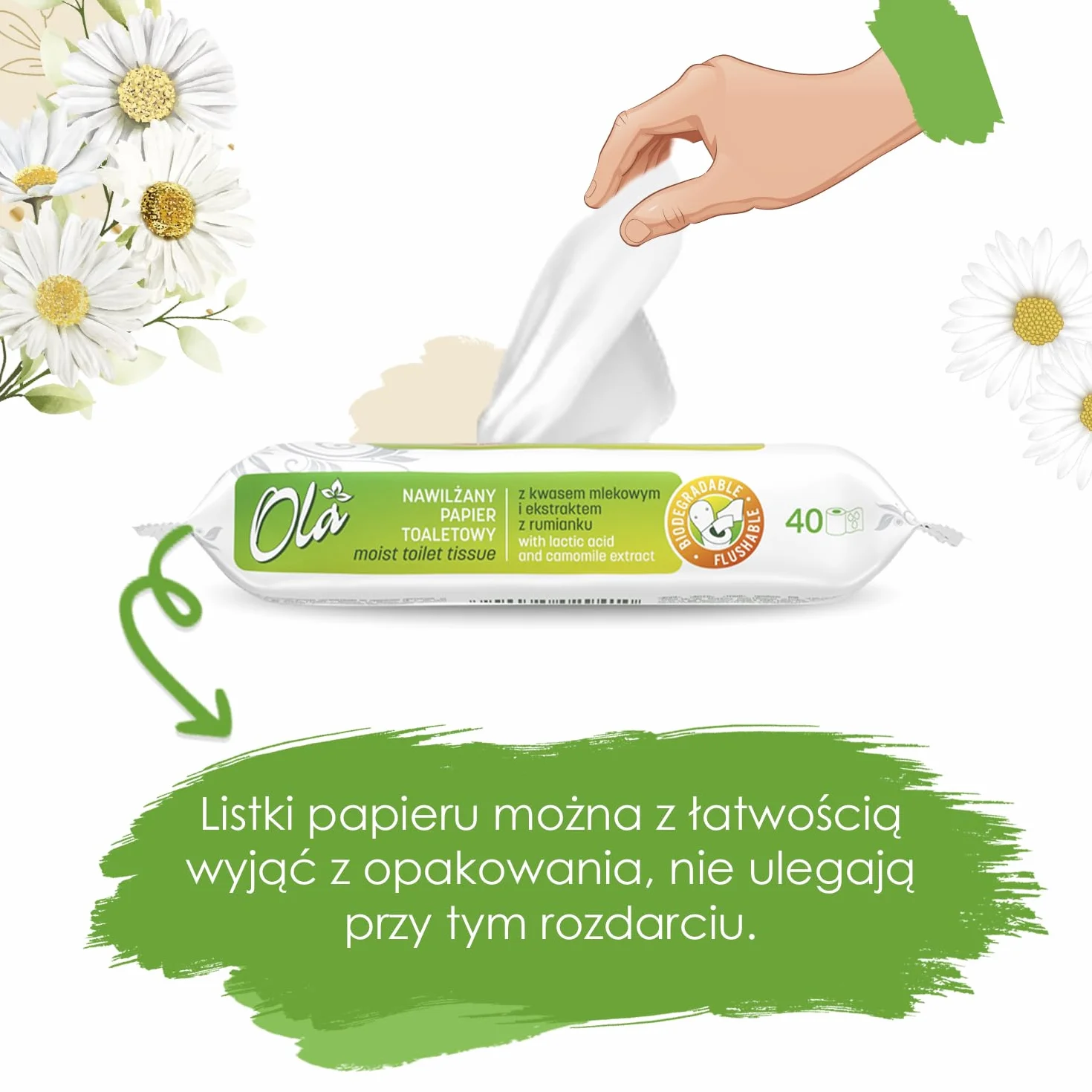 OLA Nawilżany papier toaletowy z ekstraktem z rumianku i kwasem mlekowym - spłukiwalny - Połączenie nawilżanego papieru i mokrej chusteczki - oczyszcza okolice intymne - do skóry wrażliwej - 40 sztuk