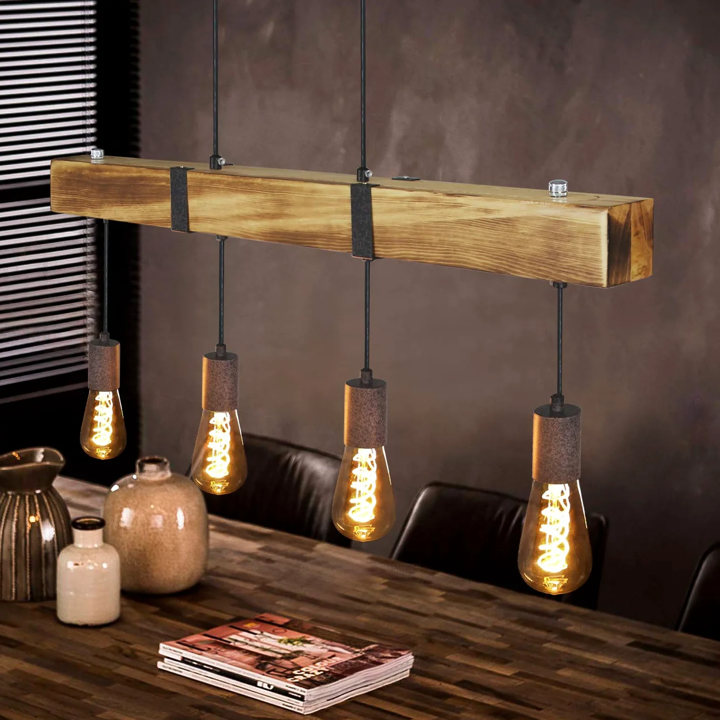 GBLY vintage lampa wisząca drewniana lampa stołowa retro lampa wisząca z | drewnianymi belkami 80 CM 4 x E27 maks. 25 W lampa wisząca przemysłowa lampa wisząca do jadalni kuchnia salon bar restauracja