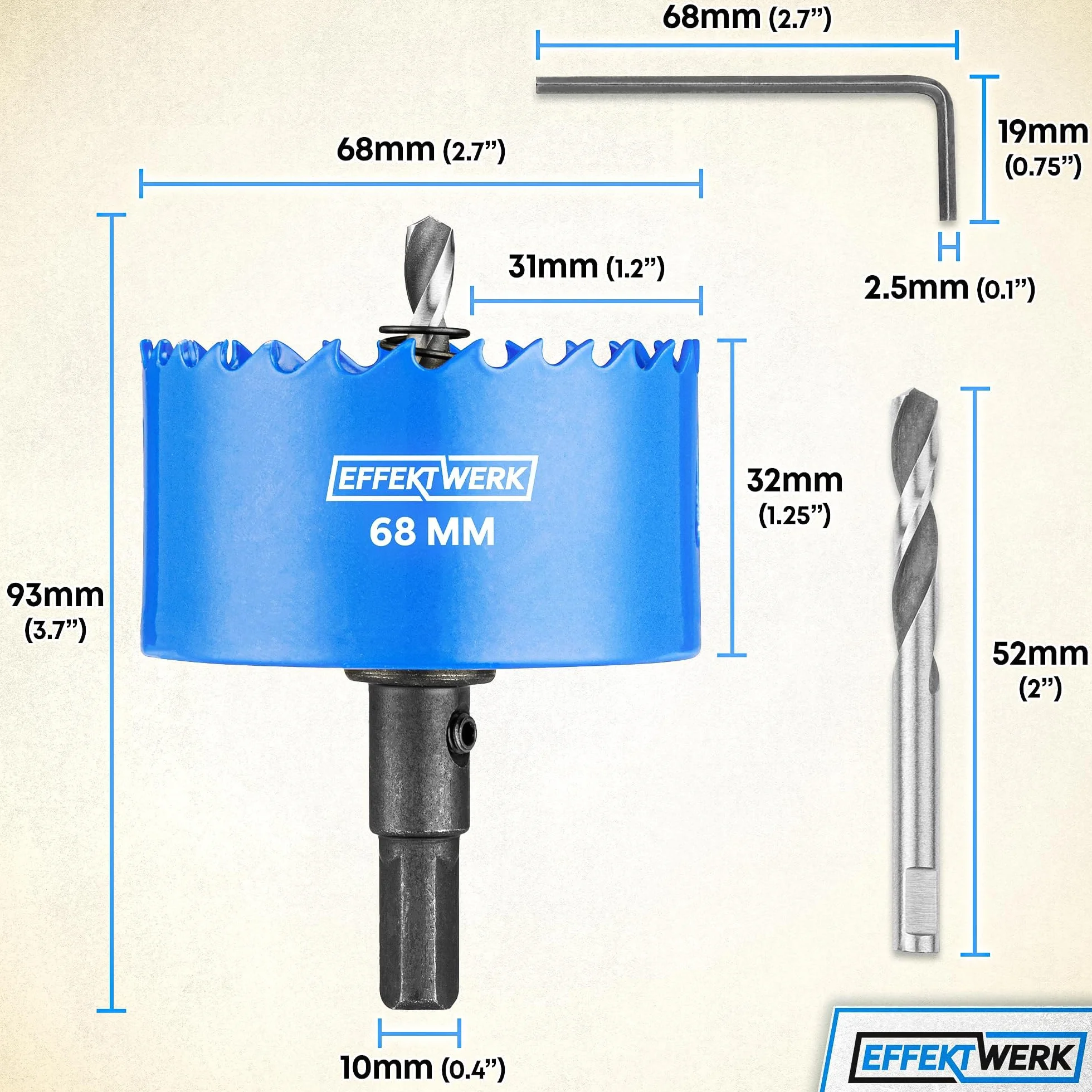 Hole Saw Drill Bit - 68mm - Includes 3 Centre Drills, Hex Key & Drill Adapter - Perfect for Soft Wood & PVC