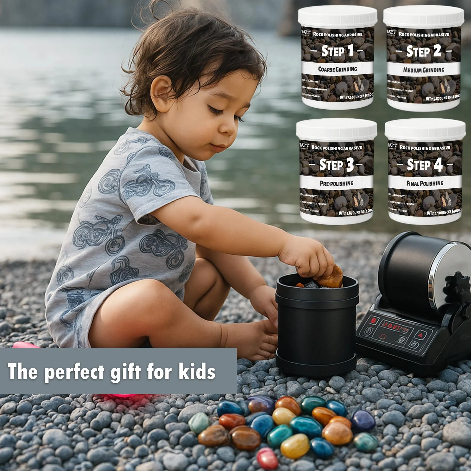 Rock Tumbler Grit and Polish Refill Kit 2 kg – do każdej marki Rock Polish, 4 x podstawka do lalek (gruboziarniste/średnie / wstępnie wypolerowane/polerowane)