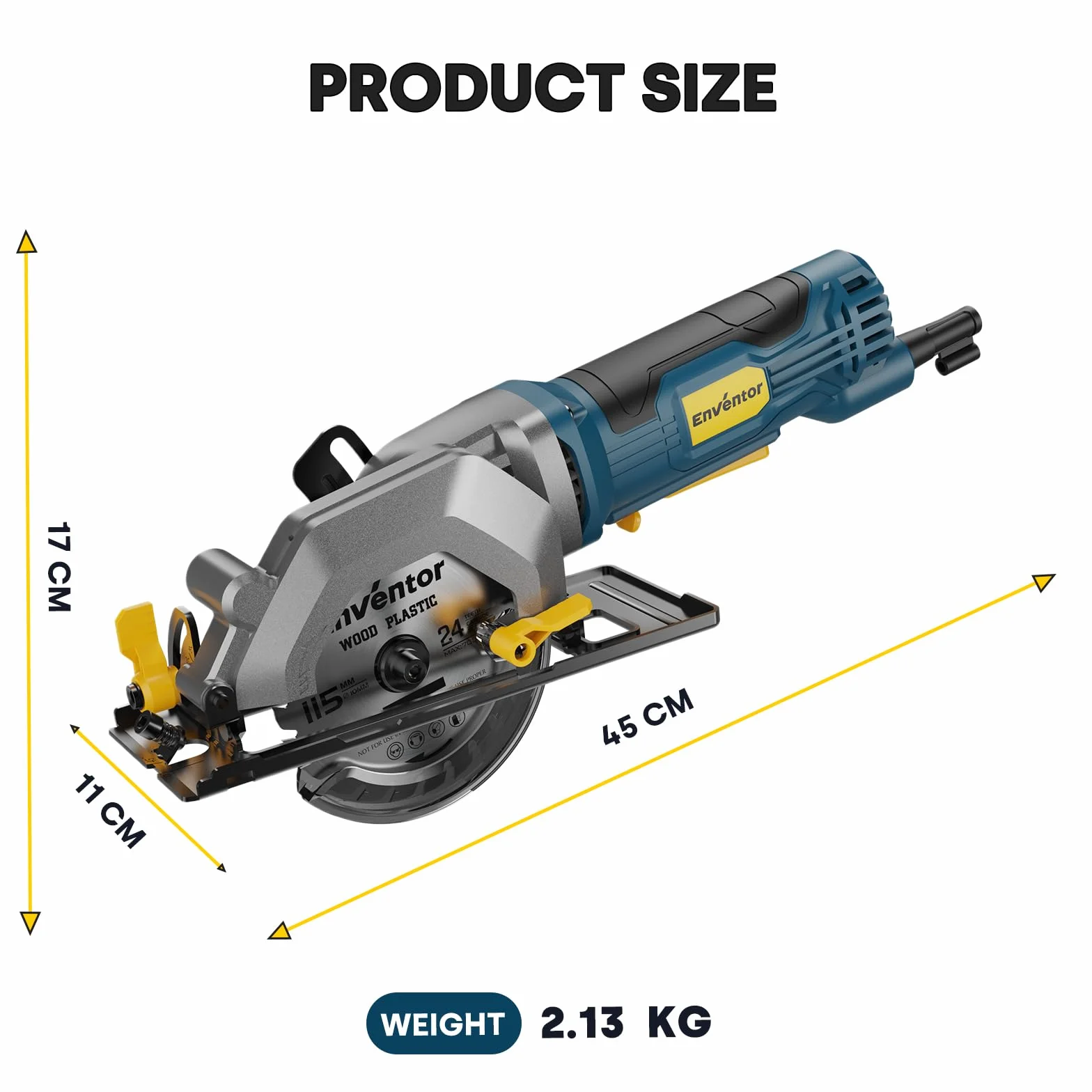 Enventor Mini Piła tarczowa, 580W, 115mm, miniaturowa piła tarczowa z szyną prowadzącą, 4000RPM, głębokość cięcia 43mm (90°), 29mm (45°), 3 brzeszczoty, idealna do drewna, plastiku, PCV