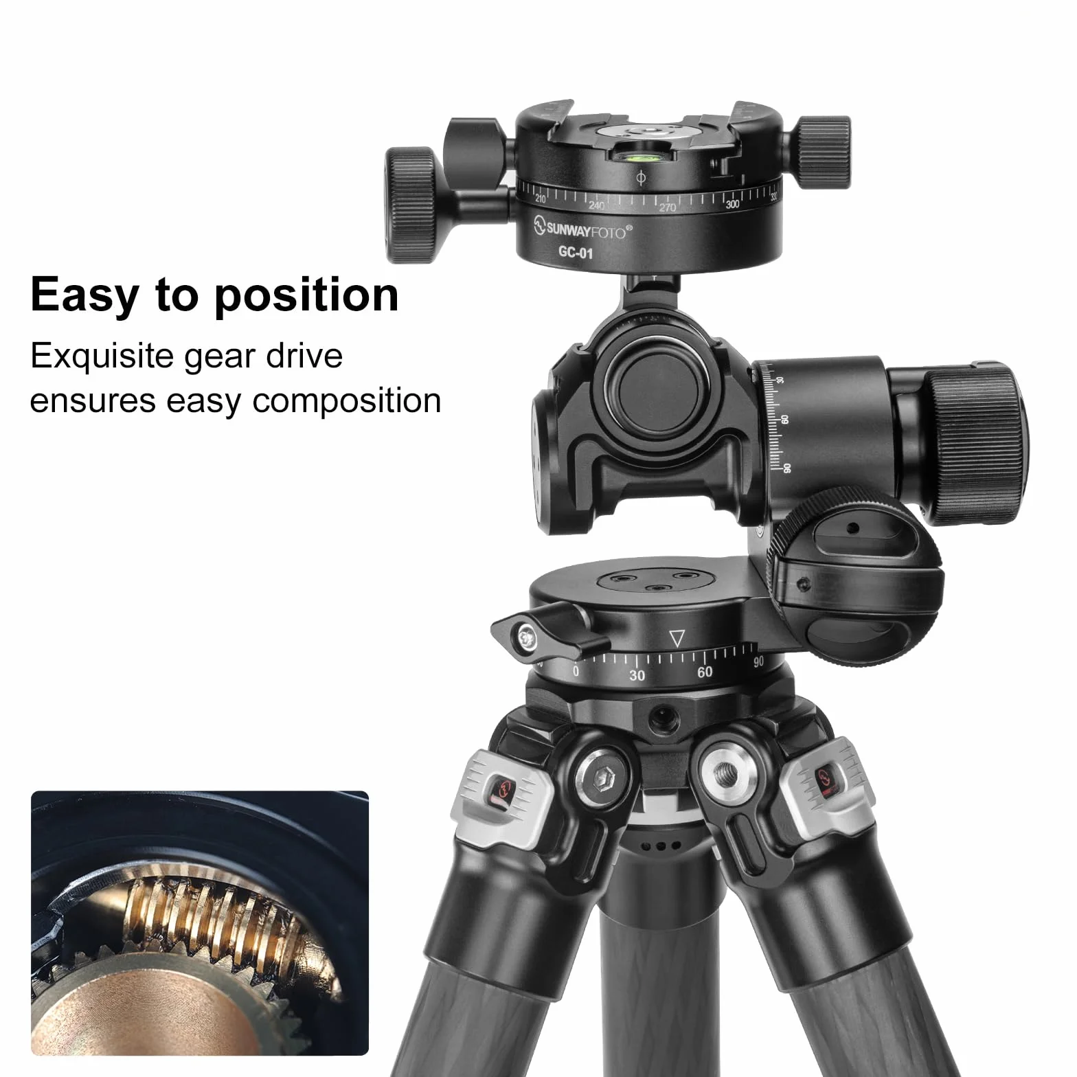 Sunwayfoto GH-PROII+ głowica przekładni, niezależna regulacja 3D, z uzębionym zaciskiem obrotowym GC-01, czarna, do aparatu, montażu statywu