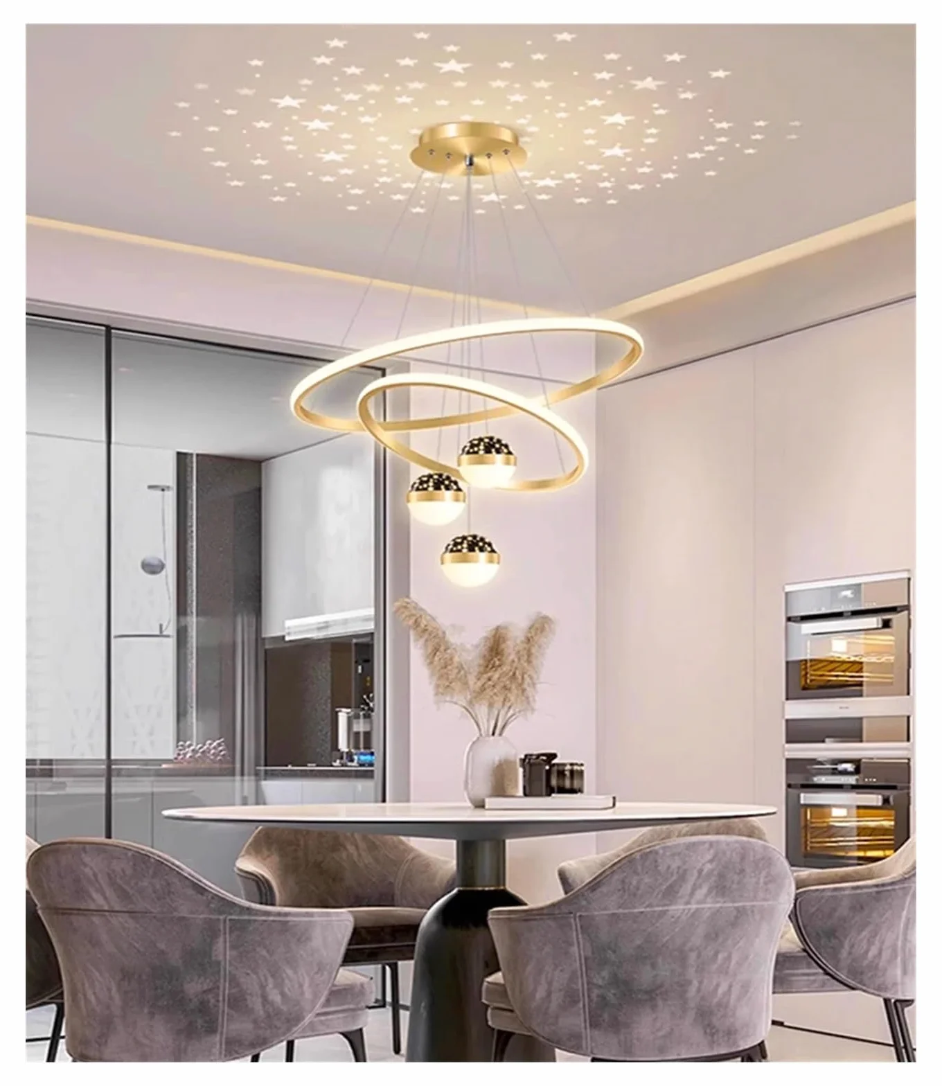 Lampa wisząca w stylu nordyckim, do jadalni, oświetlenia wnętrz, sufitu, żyrandola do salonu (2 złote pierścienie, zimna biel)