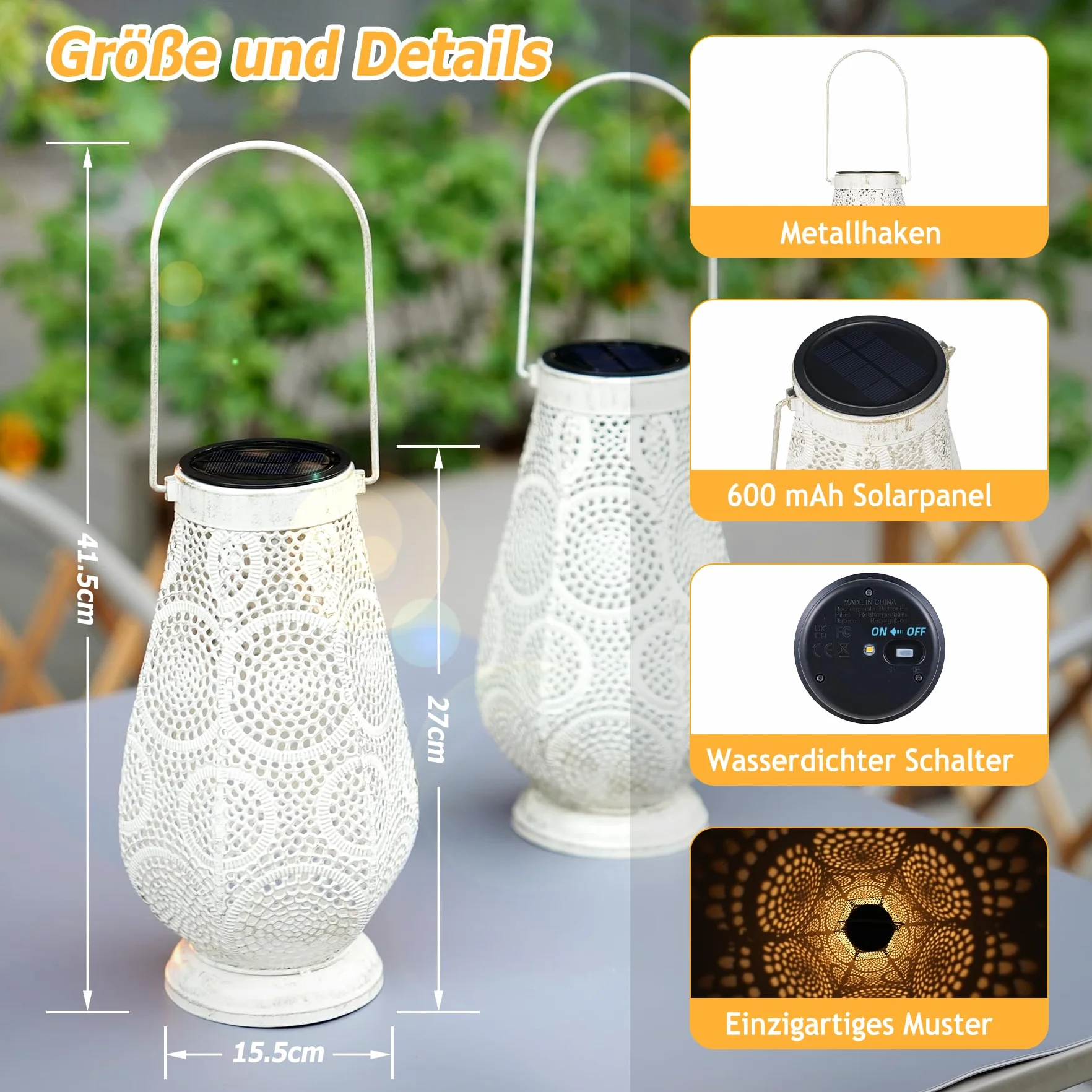 Latarnia solarna LED do użytku na zewnątrz, duża, metalowa lampa solarna do zawieszenia na zewnątrz