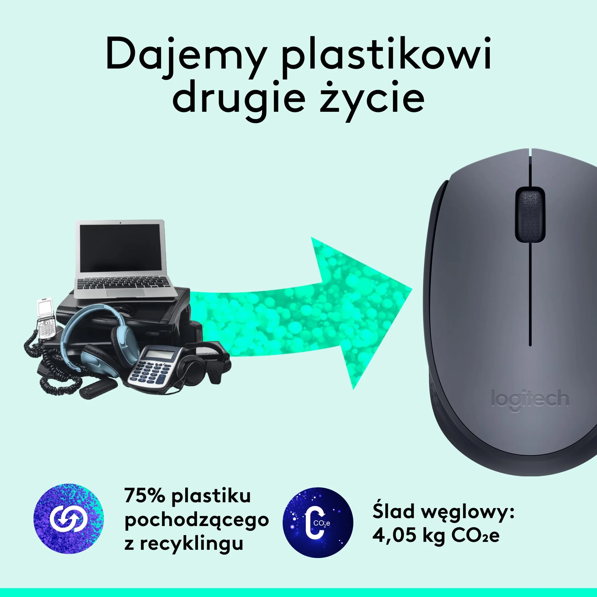 Logitech M170 Mysz bezprzewodowa, 2,4 GHz z nanoodbiornikiem USB, optyczne śledzenie ruchów, 12-miesięczna żywotność baterii, oburęczna, PC / Mac / Laptop - Szary