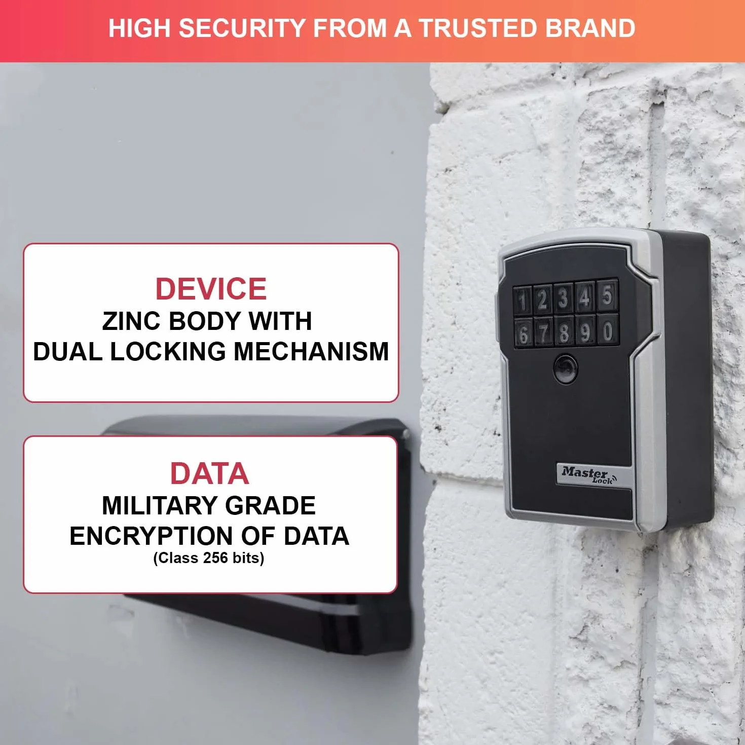 Master Lock Smart Connected sejf na klucze, szyfrowanie zgodnie ze standardami wojskowymi, na zewnątrz, montaż ścienny, Bluetooth lub kod liczbowy