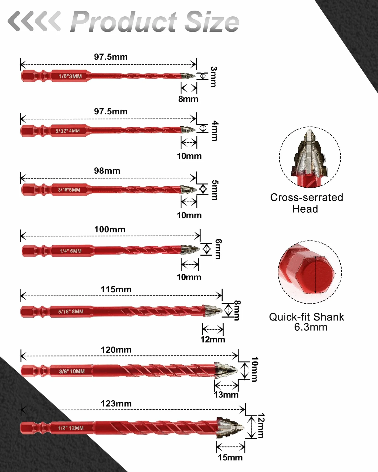 FOCSTOL Zestaw wierteł suchych - 10 sztuk 3/4/5/6/8/10/12 mm Zestaw wierteł z węglików spiekanych z szybkozłączką sześciokątną do drewna, tworzyw sztucznych, murów, ceramiki, betonu, marmuru